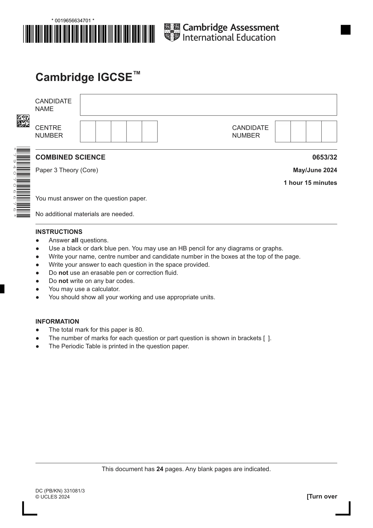 Cambridge IGCSE Science - Combined 0653 2024 May/June Paper 3 · Variant 2 question paper, page 1 of 24