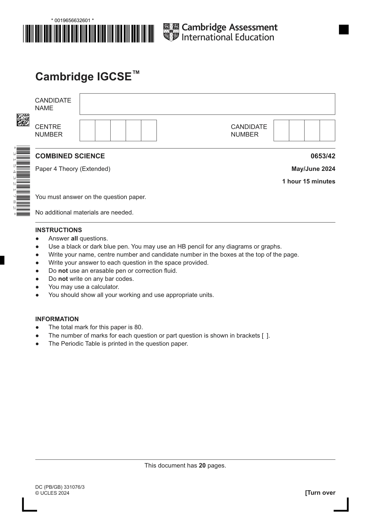 Cambridge IGCSE Science - Combined 0653 2024 May/June Paper 4 · Variant 2 question paper, page 1 of 20