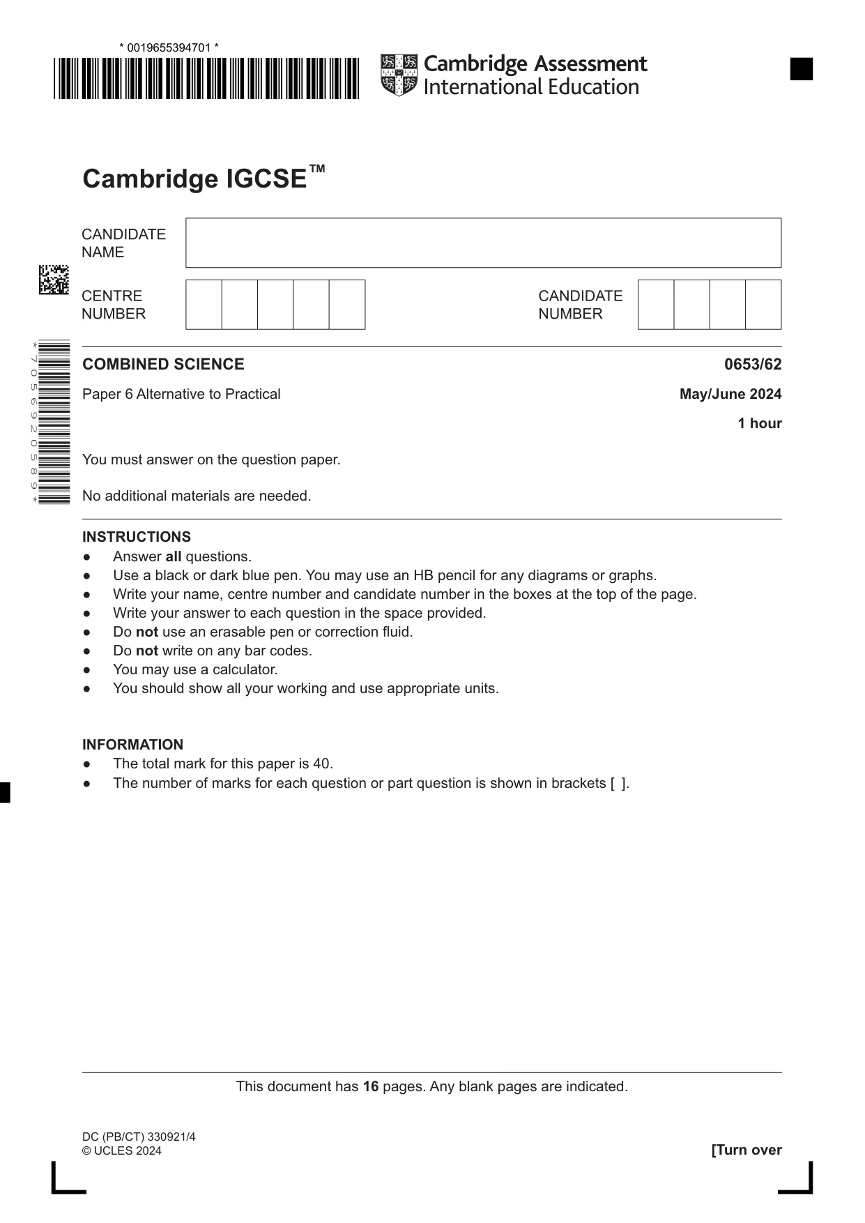Cambridge IGCSE Science - Combined 0653 2024 May/June Paper 6 · Variant 2 question paper, page 1 of 16