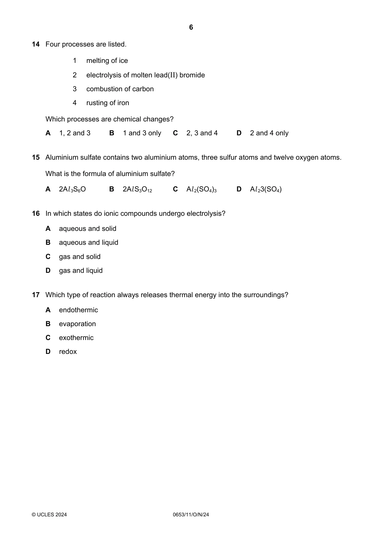 Cambridge IGCSE Science - Combined 0653 2024 Oct/Nov Paper 1 · Variant 1 question paper, page 6 of 16