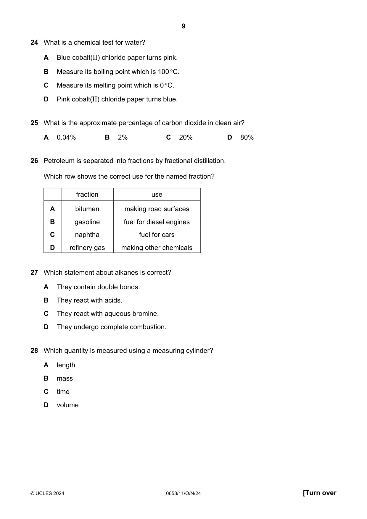 Cambridge IGCSE Science - Combined 0653 2024 Oct/Nov Paper 1 · Variant 1 question paper, page 9 of 16
