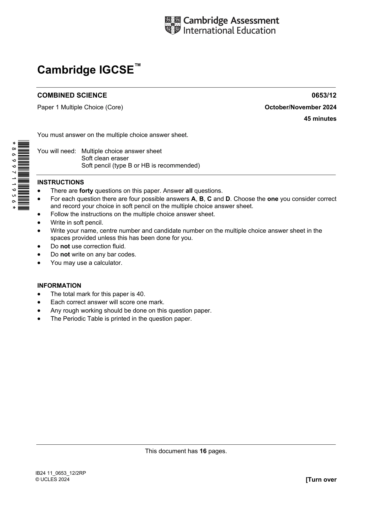 Cambridge IGCSE Science - Combined 0653 2024 Oct/Nov Paper 1 · Variant 2 question paper, page 1 of 16