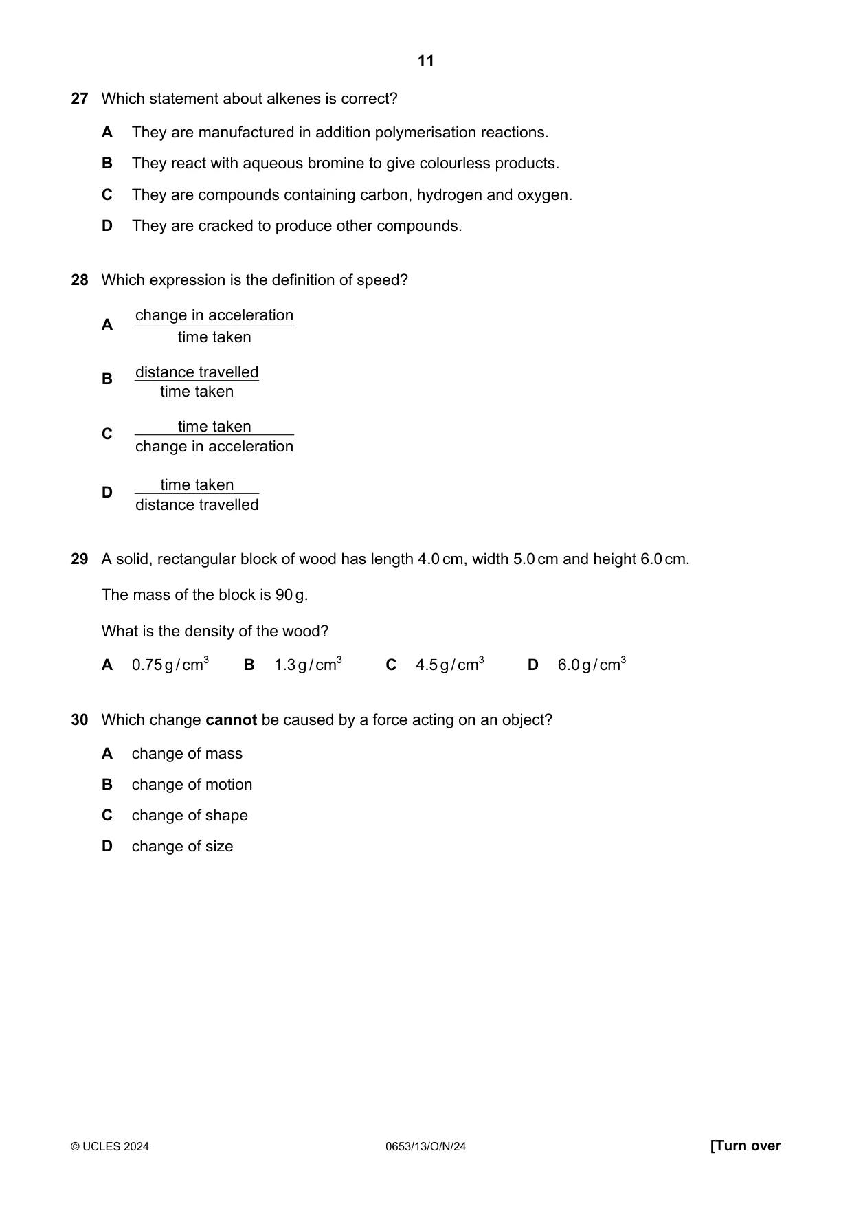 Cambridge IGCSE Science - Combined 0653 2024 Oct/Nov Paper 1 · Variant 3 question paper, page 11 of 16