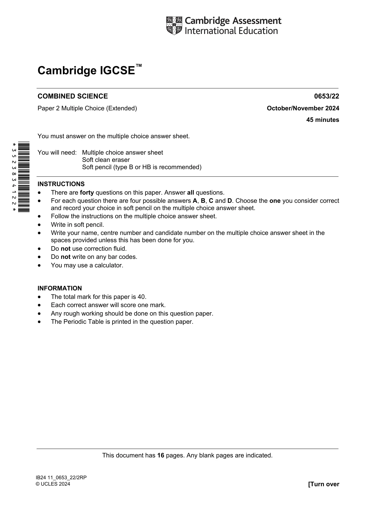 Cambridge IGCSE Science - Combined 0653 2024 Oct/Nov Paper 2 · Variant 2 question paper, page 1 of 16
