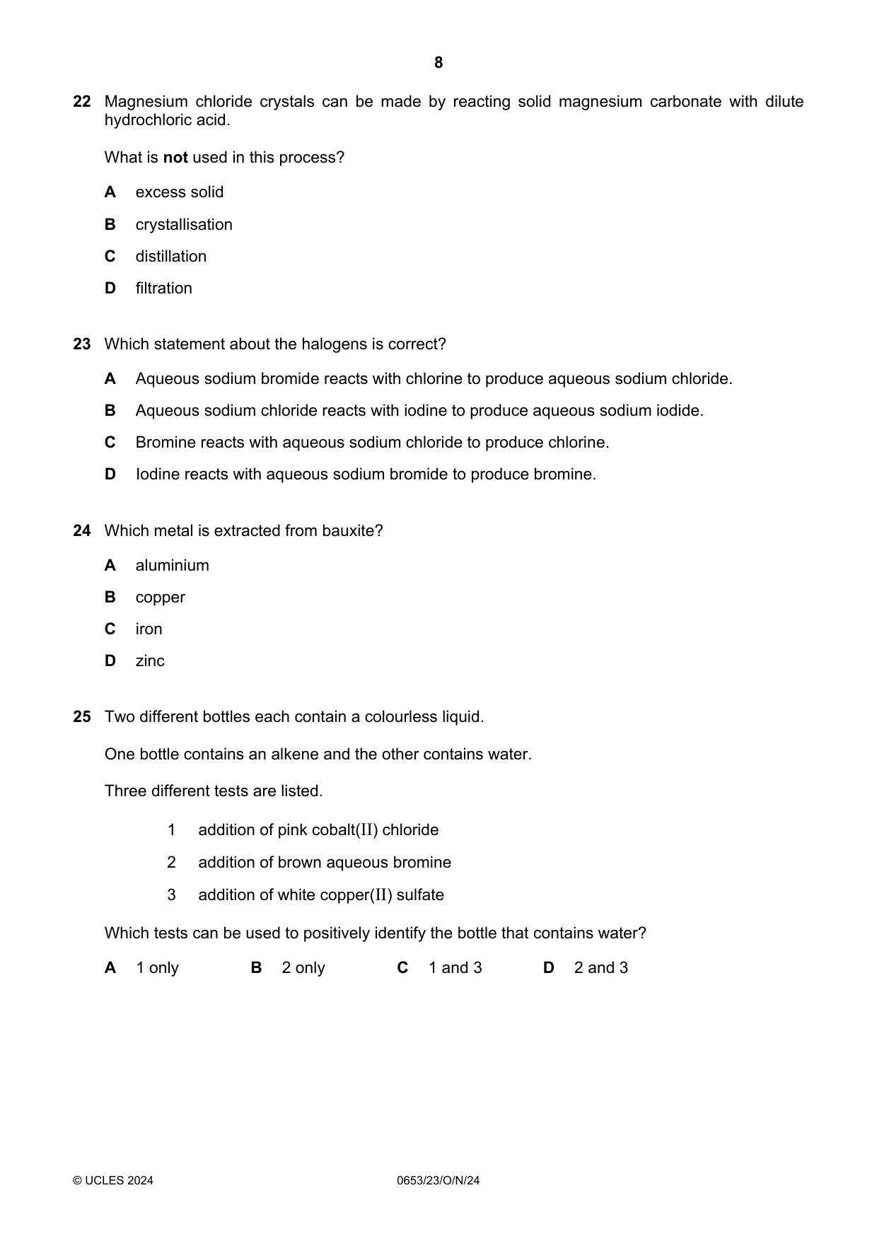 Cambridge IGCSE Science - Combined 0653 2024 Oct/Nov Paper 2 · Variant 3 question paper, page 8 of 16