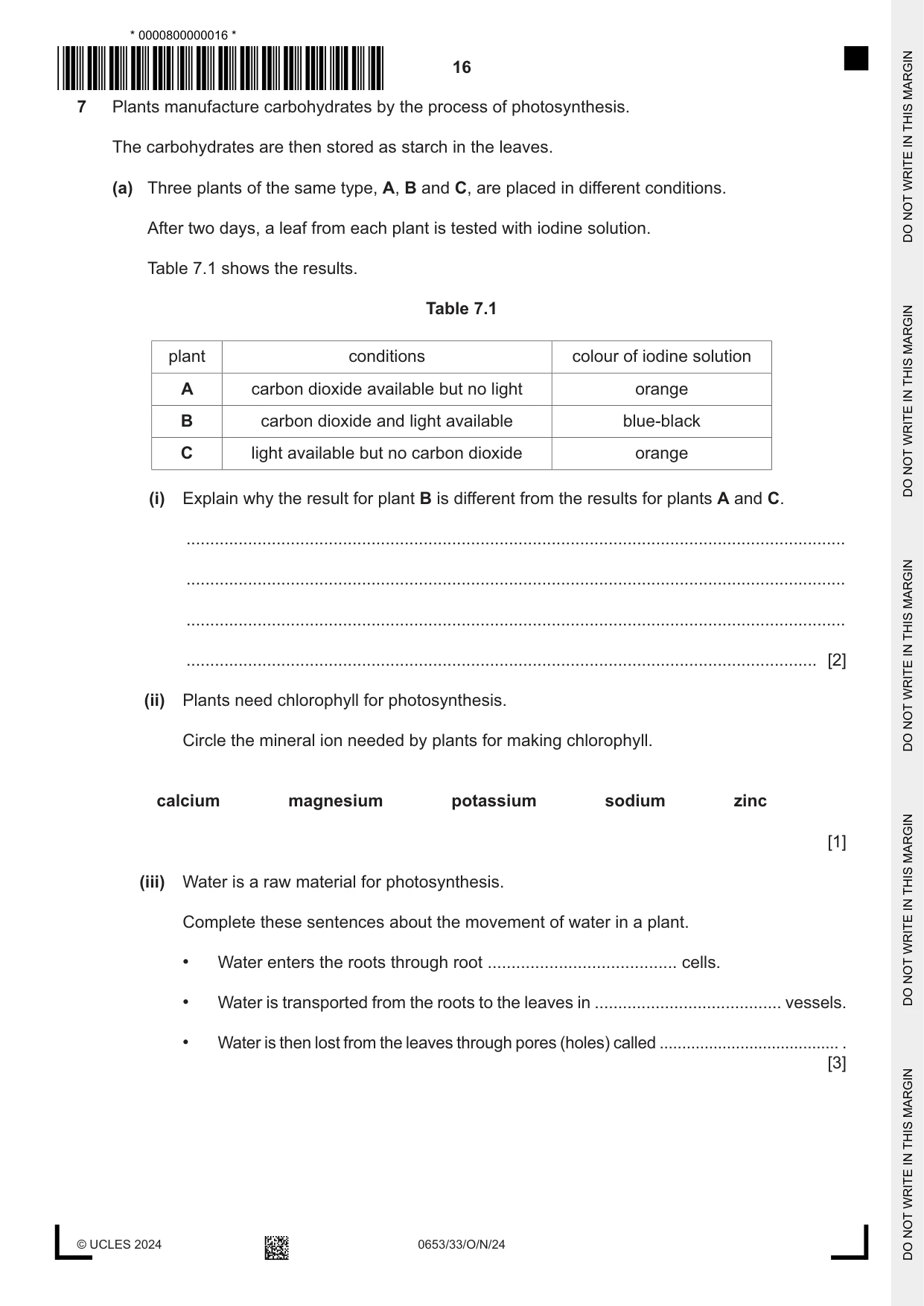 Cambridge IGCSE Science - Combined 0653 2024 Oct/Nov Paper 3 · Variant 3 question paper, page 16 of 24