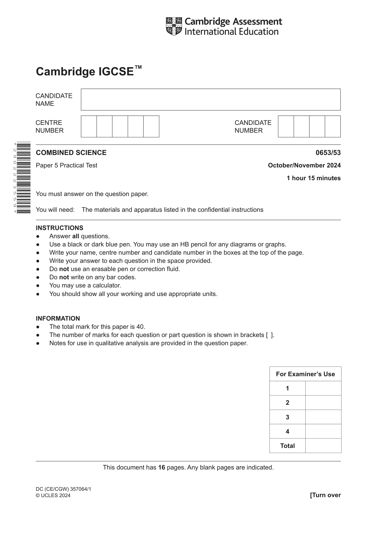 Cambridge IGCSE Science - Combined 0653 2024 Oct/Nov Paper 5 · Variant 3 question paper, page 1 of 16