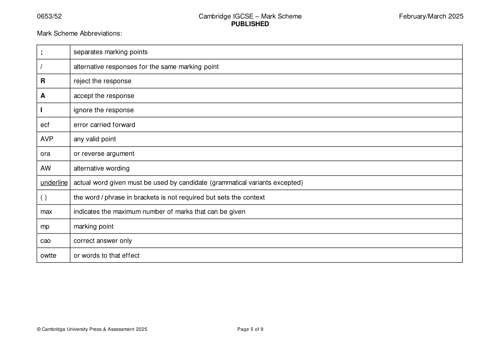 Mark scheme, page 5 of 9