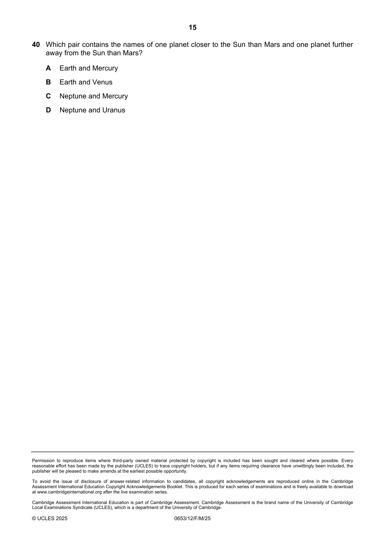 Cambridge IGCSE Science - Combined 0653 2025 Feb/March Paper 1 · Variant 2 question paper, page 15 of 16