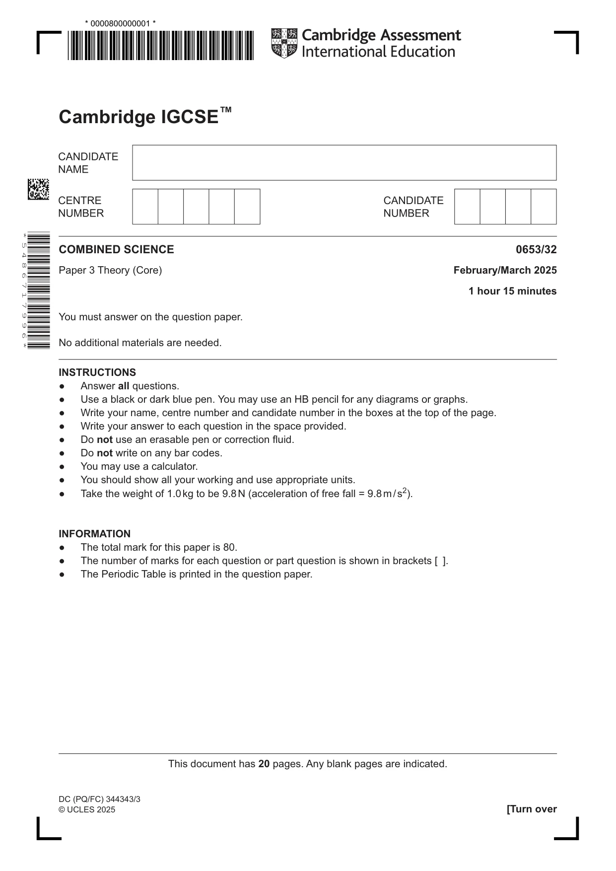 Cambridge IGCSE Science - Combined 0653 2025 Feb/March Paper 3 · Variant 2 question paper, page 1 of 20