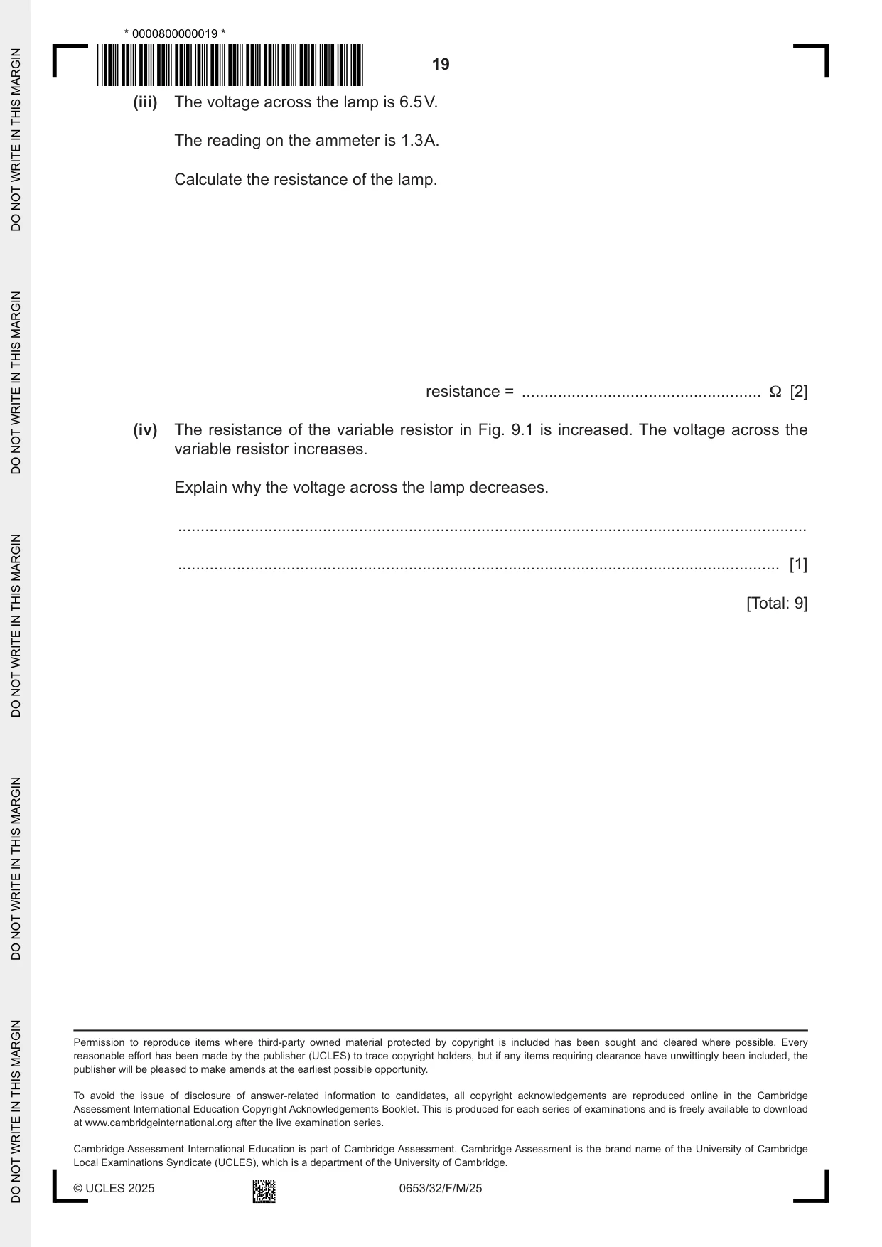 Cambridge IGCSE Science - Combined 0653 2025 Feb/March Paper 3 · Variant 2 question paper, page 19 of 20