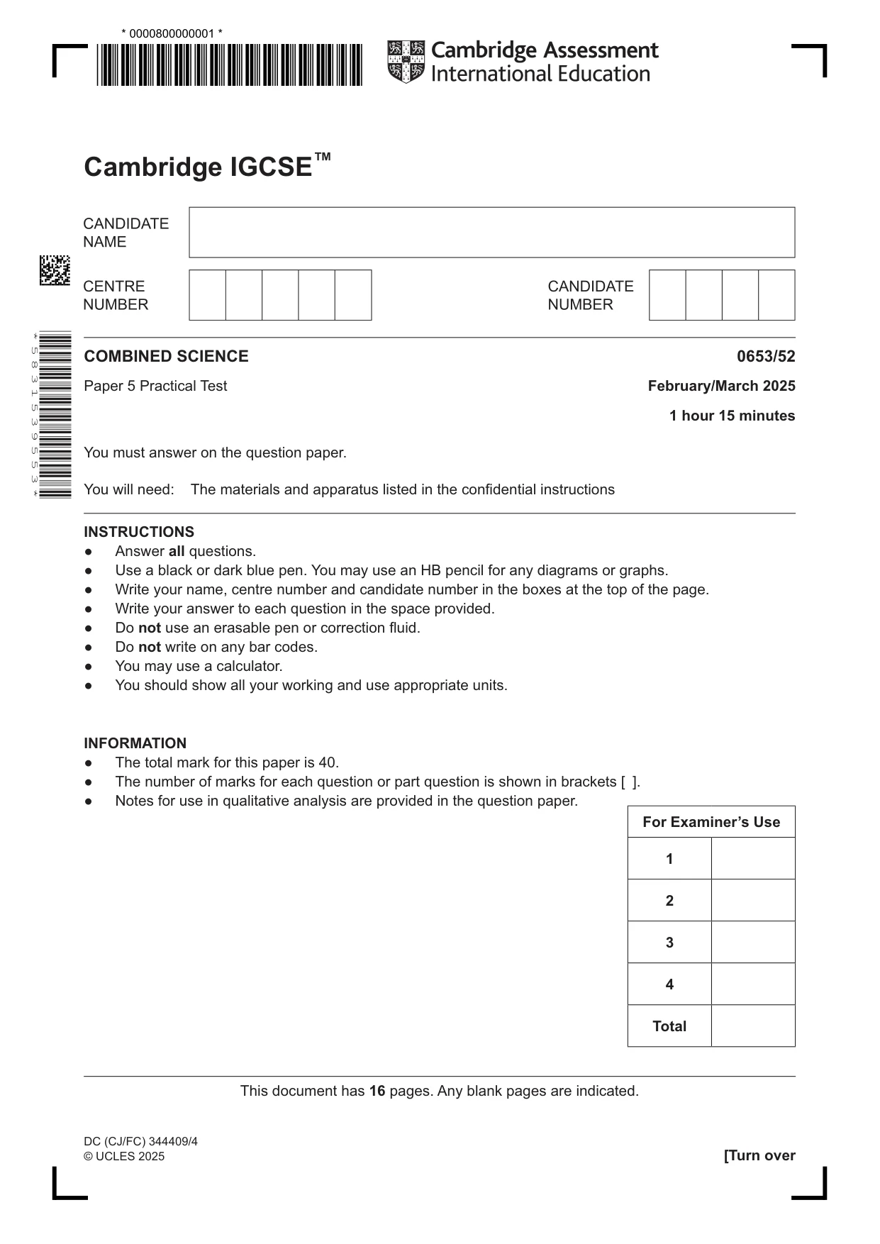 Cambridge IGCSE Science - Combined 0653 2025 Feb/March Paper 5 · Variant 2 question paper, page 1 of 16