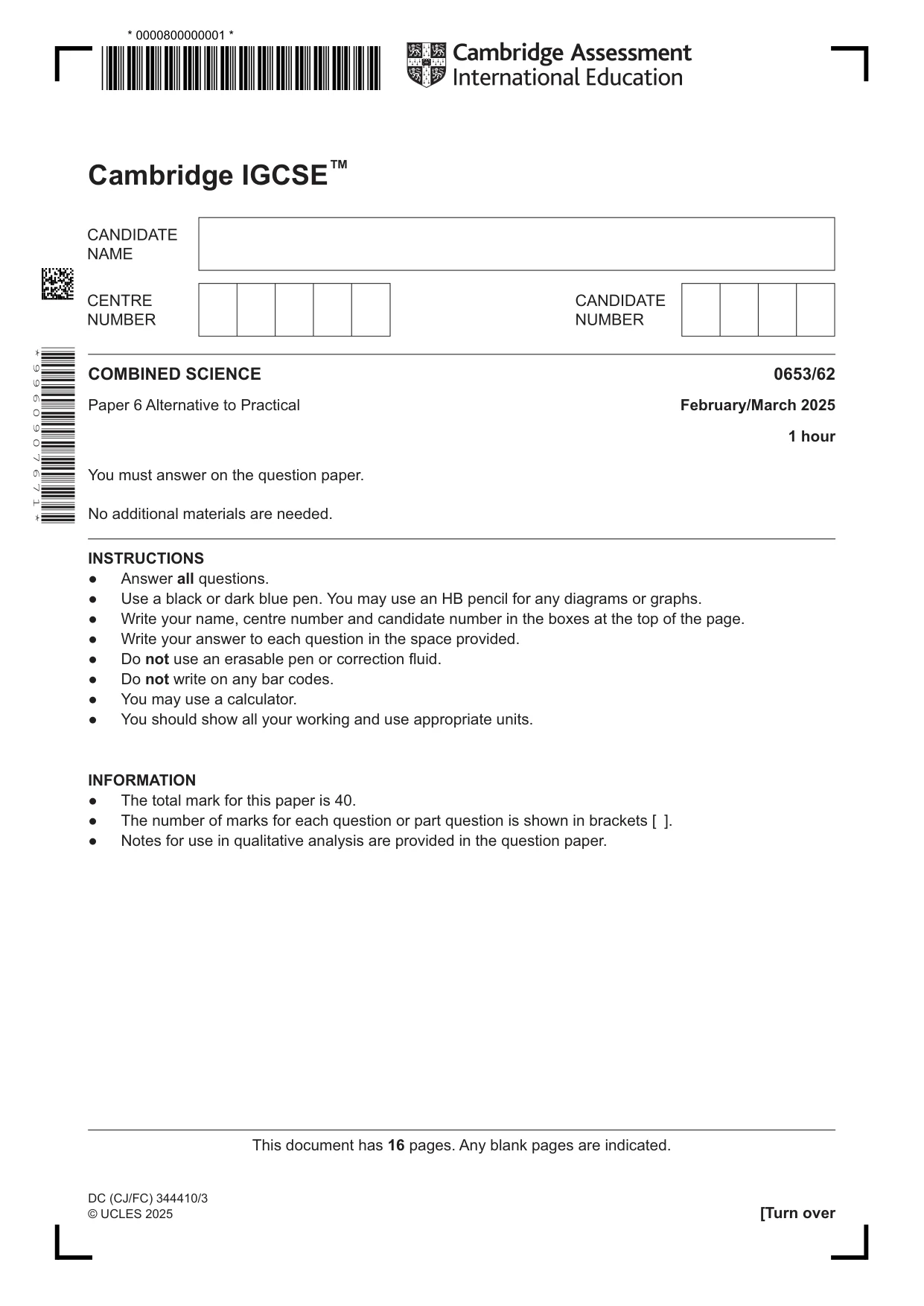Cambridge IGCSE Science - Combined 0653 2025 Feb/March Paper 6 · Variant 2 question paper, page 1 of 16
