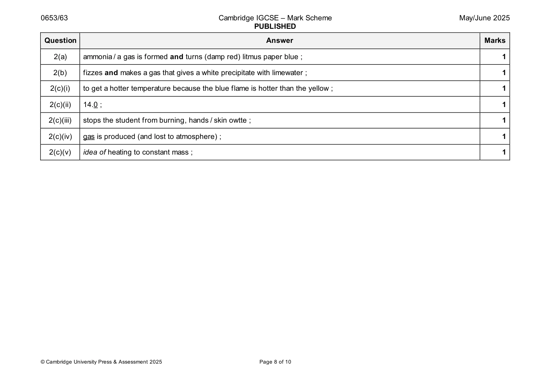 Mark scheme, page 8 of 10