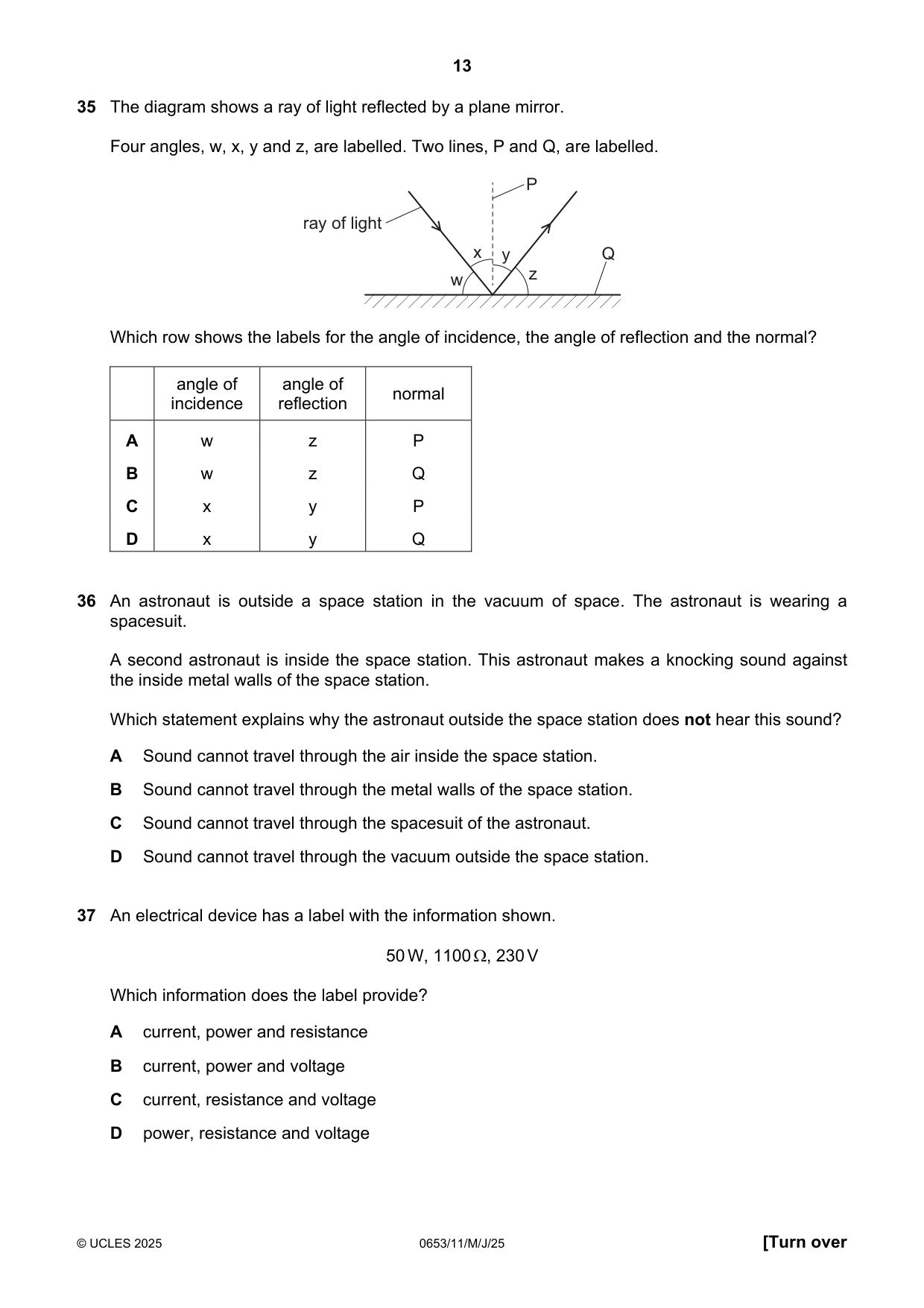 Cambridge IGCSE Science - Combined 0653 2025 May/June Paper 1 · Variant 1 question paper, page 13 of 16