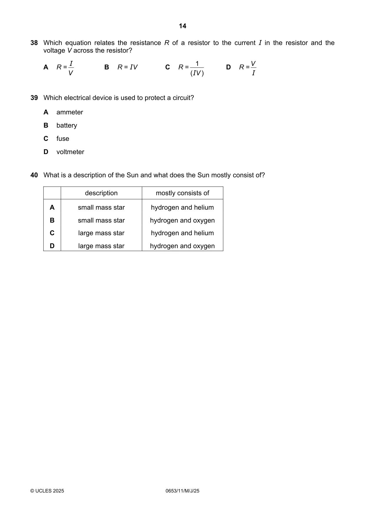 Cambridge IGCSE Science - Combined 0653 2025 May/June Paper 1 · Variant 1 question paper, page 14 of 16