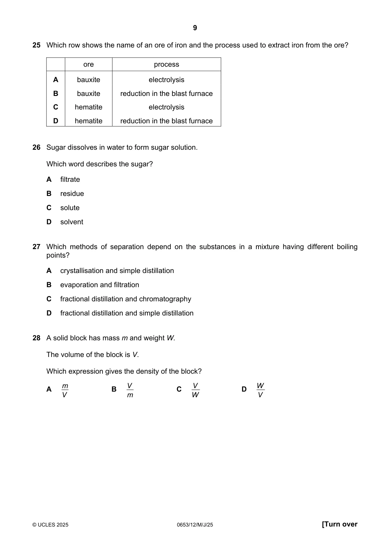 Cambridge IGCSE Science - Combined 0653 2025 May/June Paper 1 · Variant 2 question paper, page 9 of 16