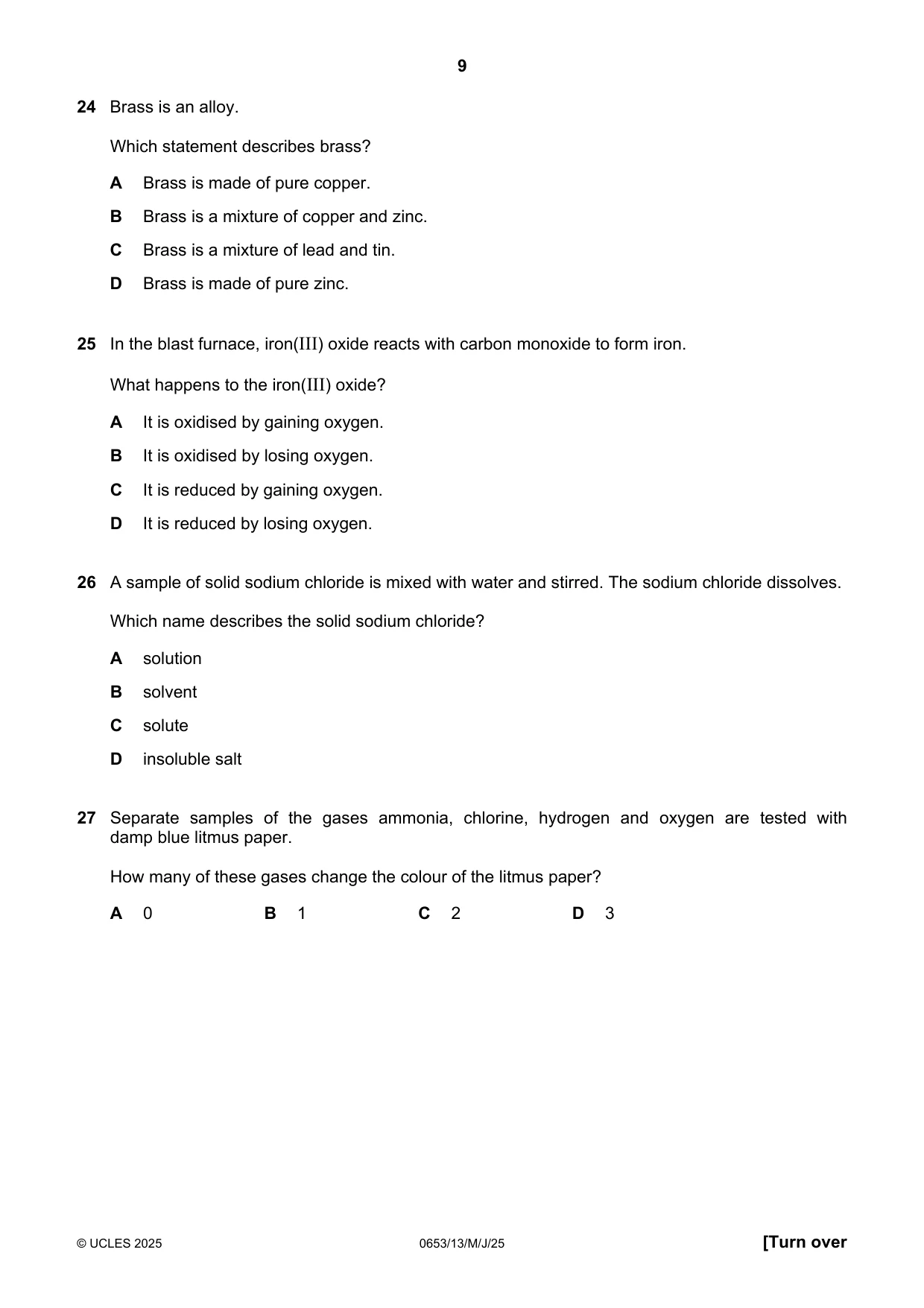 Cambridge IGCSE Science - Combined 0653 2025 May/June Paper 1 · Variant 3 question paper, page 9 of 16