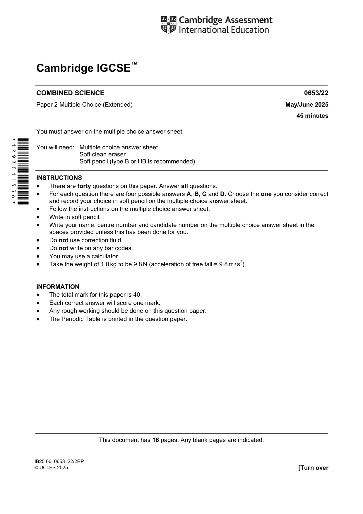 Cambridge IGCSE Science - Combined 0653 2025 May/June Paper 2 · Variant 2 question paper, page 1 of 16