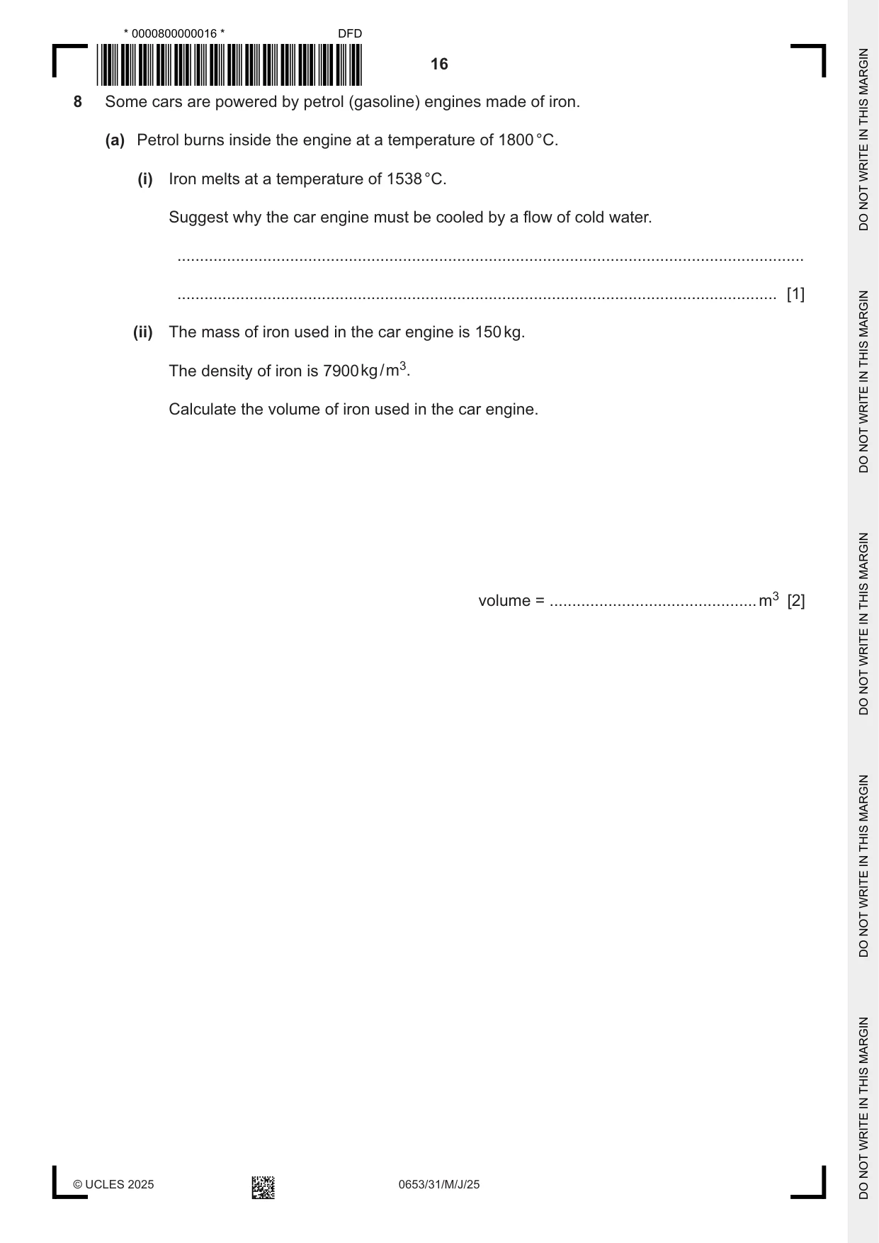 Cambridge IGCSE Science - Combined 0653 2025 May/June Paper 3 · Variant 1 question paper, page 16 of 20