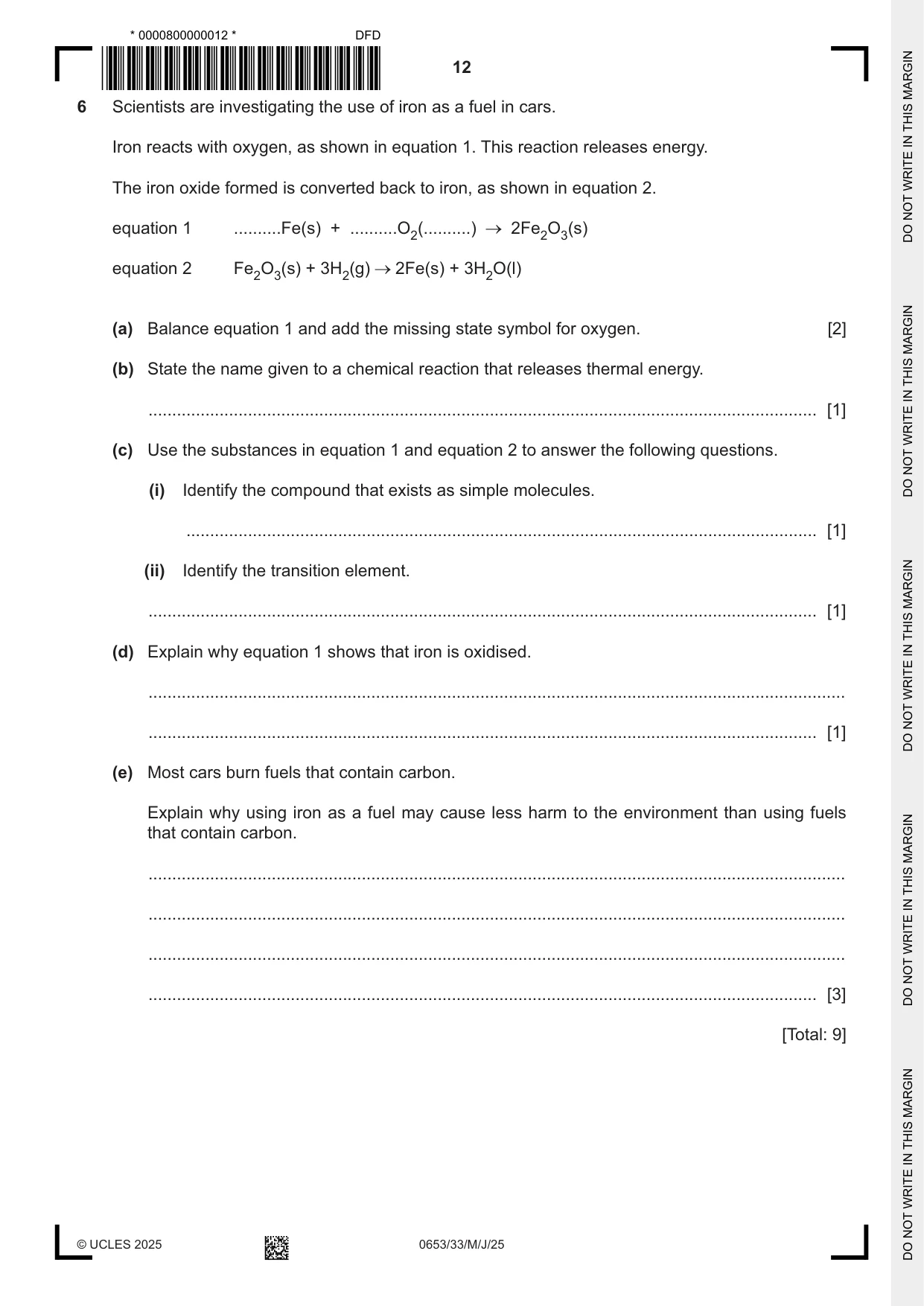 Cambridge IGCSE Science - Combined 0653 2025 May/June Paper 3 · Variant 3 question paper, page 12 of 20