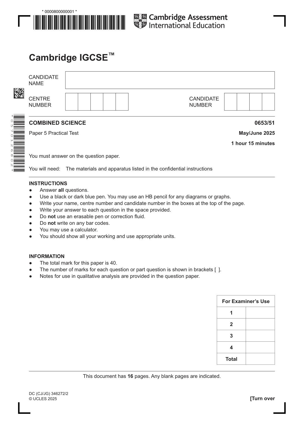 Cambridge IGCSE Science - Combined 0653 2025 May/June Paper 5 · Variant 1 question paper, page 1 of 16