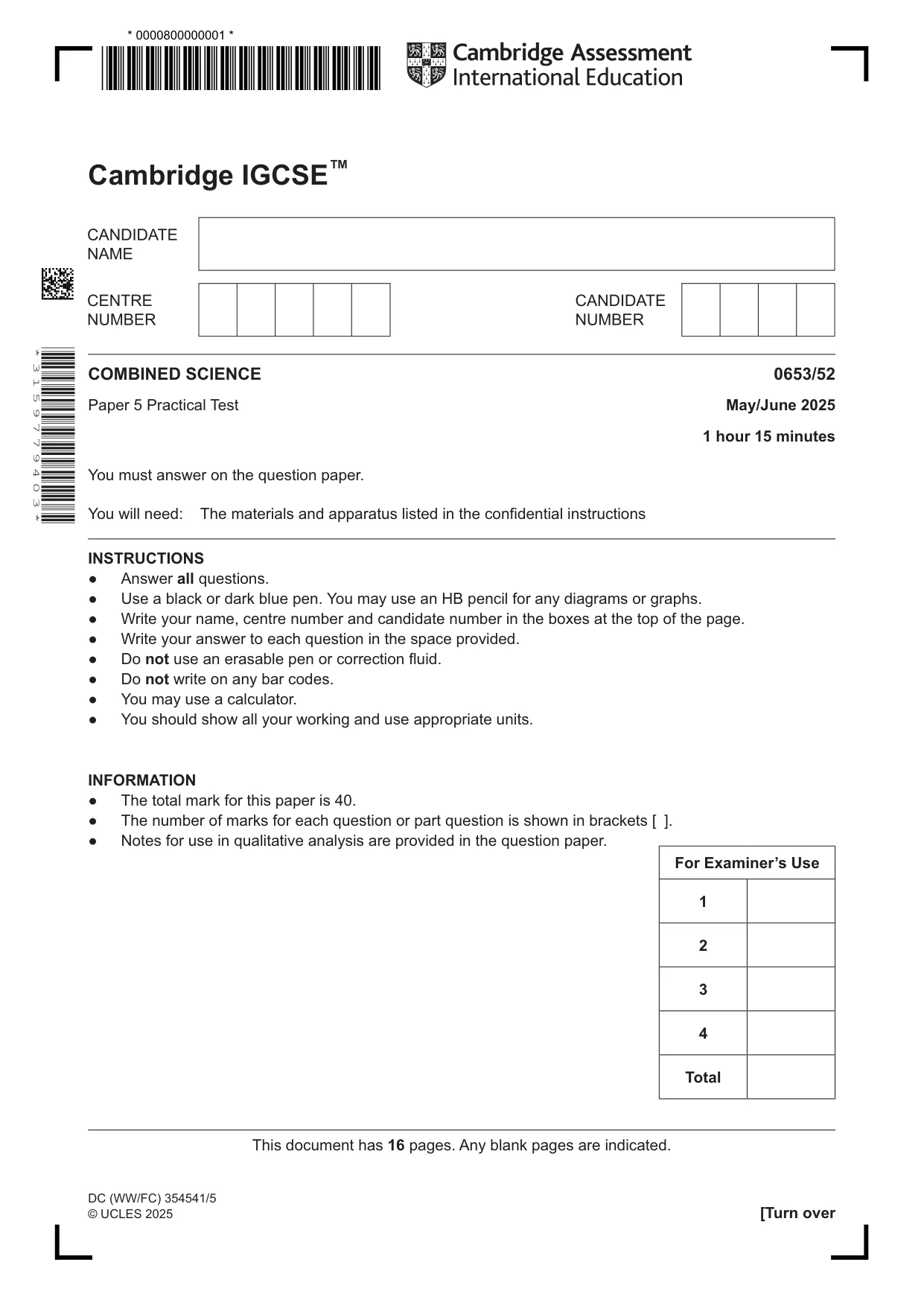 Cambridge IGCSE Science - Combined 0653 2025 May/June Paper 5 · Variant 2 question paper, page 1 of 16
