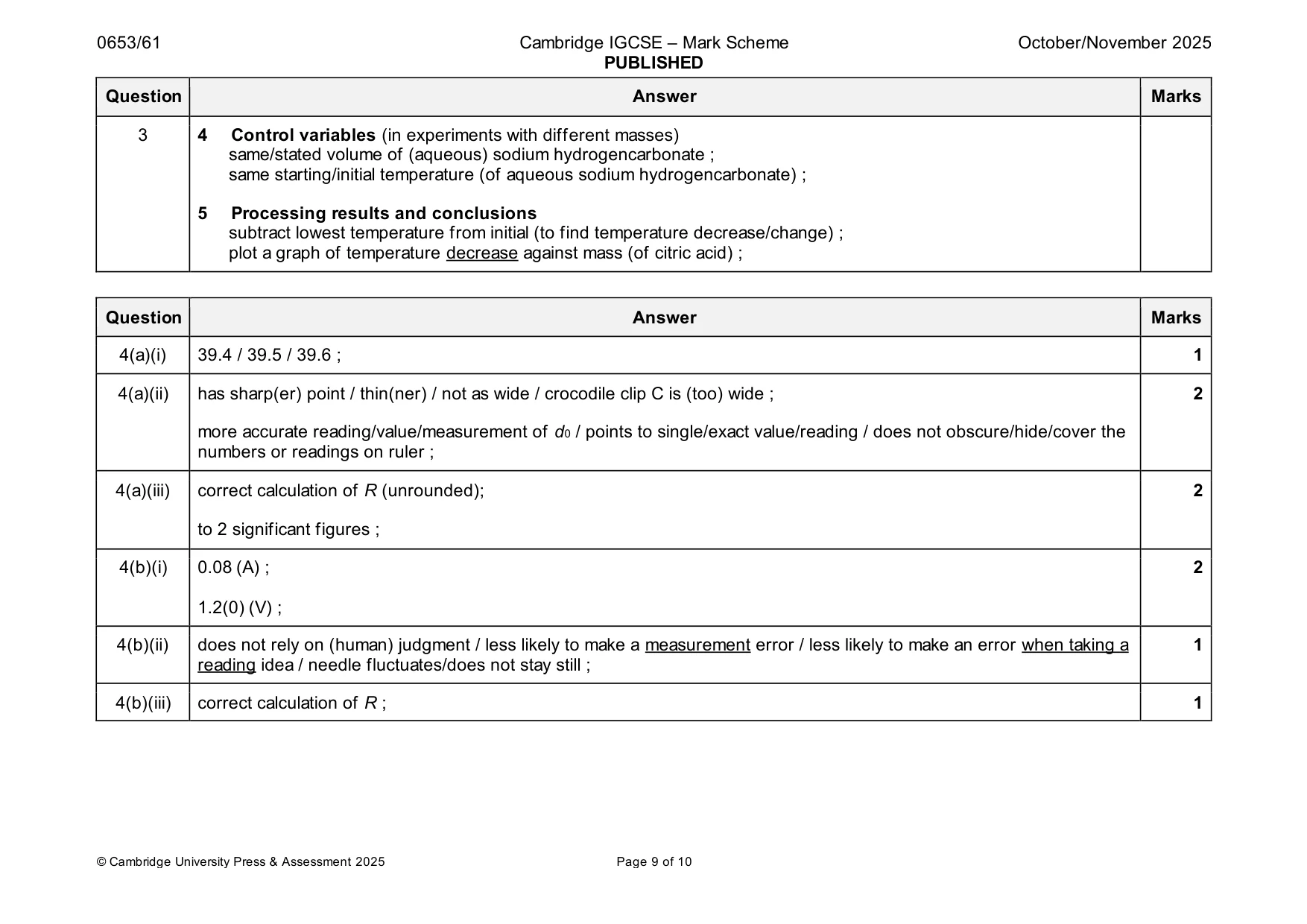 Mark scheme, page 9 of 10