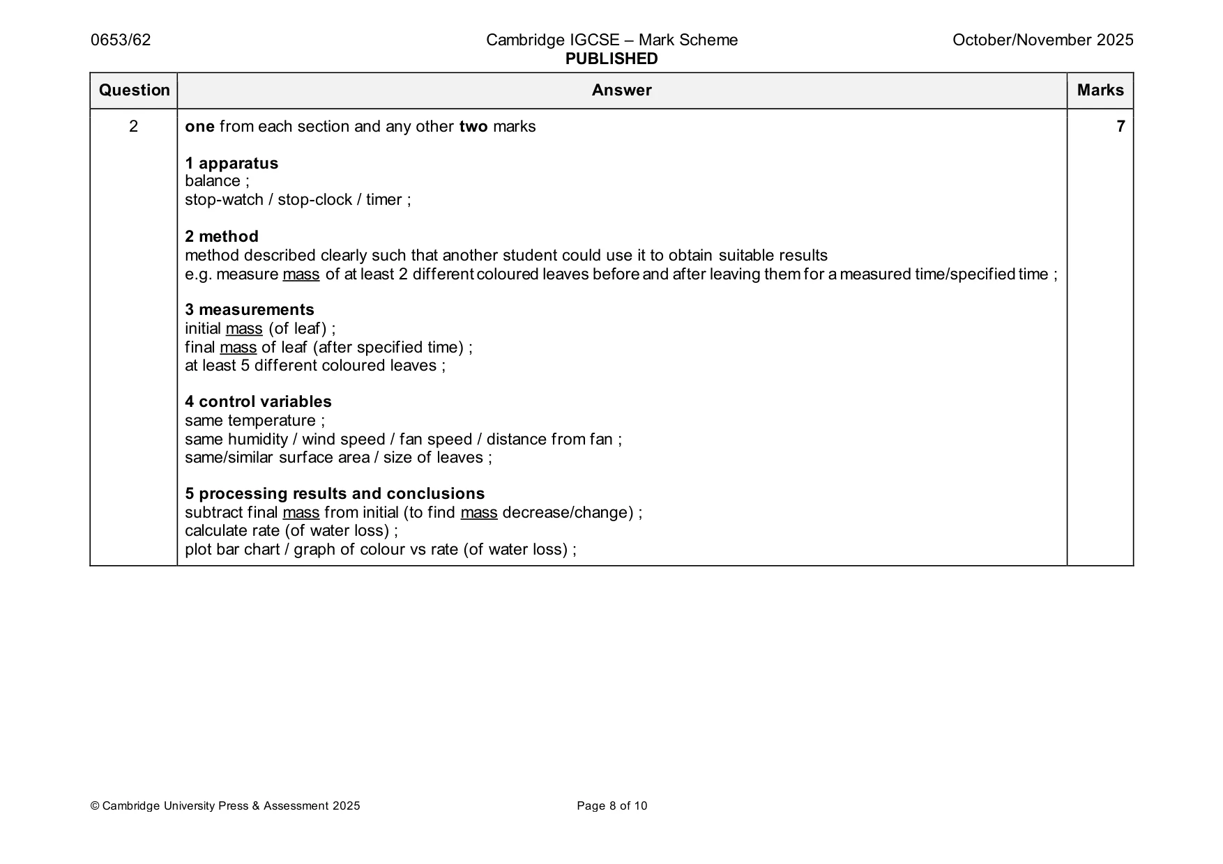 Mark scheme, page 8 of 10