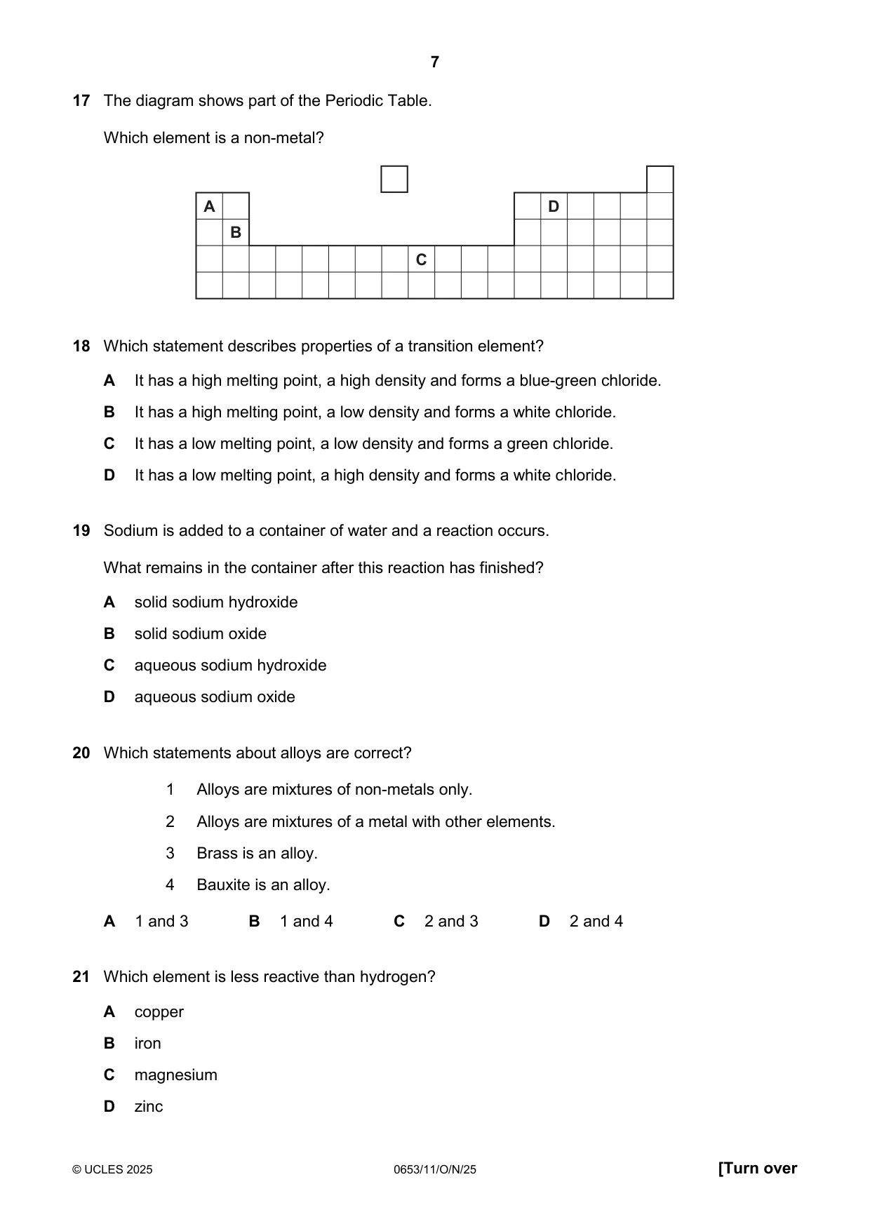 Cambridge IGCSE Science - Combined 0653 2025 Oct/Nov Paper 1 · Variant 1 question paper, page 7 of 16