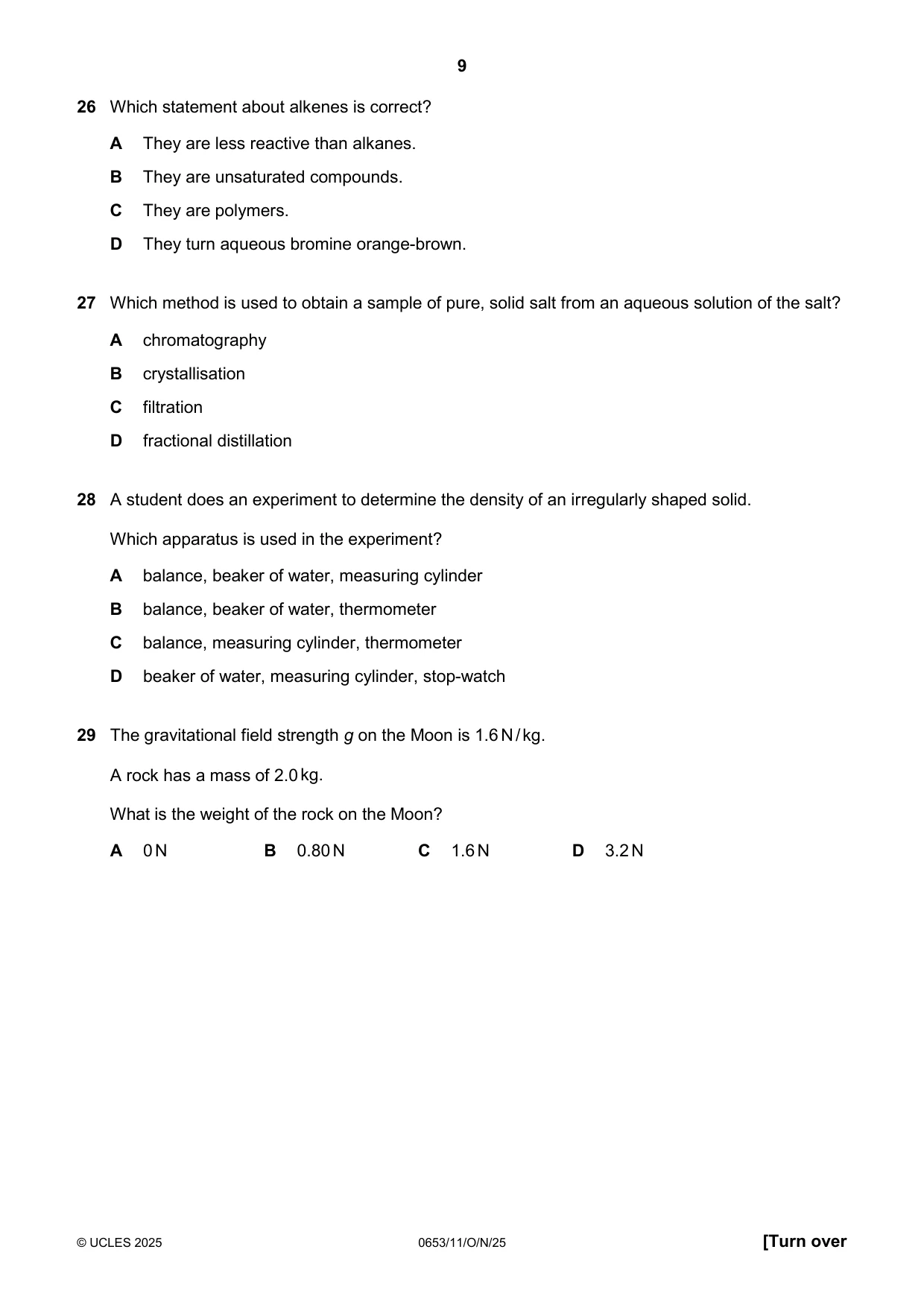 Cambridge IGCSE Science - Combined 0653 2025 Oct/Nov Paper 1 · Variant 1 question paper, page 9 of 16