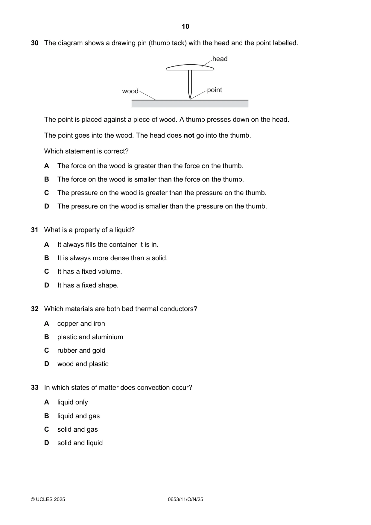 Cambridge IGCSE Science - Combined 0653 2025 Oct/Nov Paper 1 · Variant 1 question paper, page 10 of 16