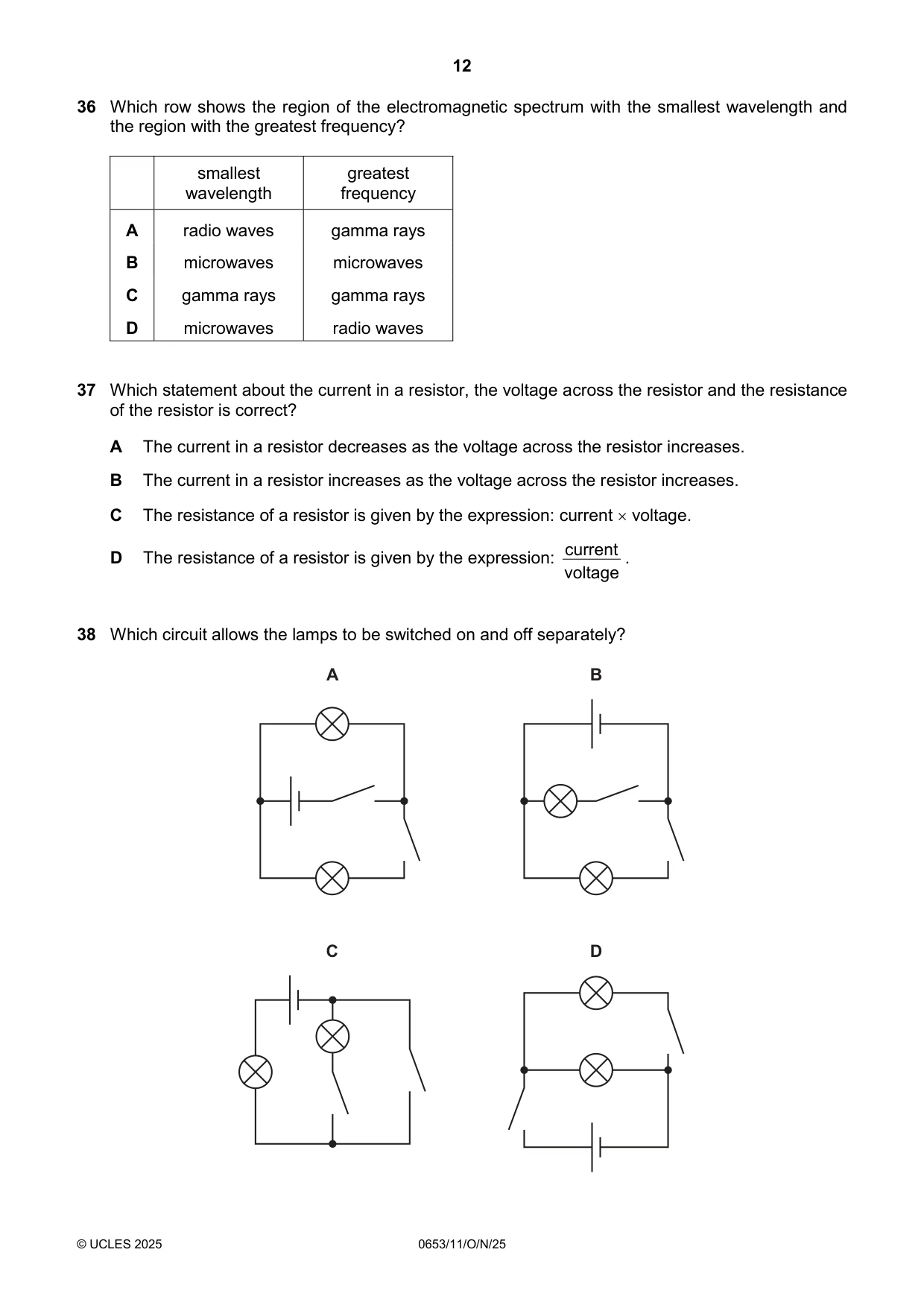 Cambridge IGCSE Science - Combined 0653 2025 Oct/Nov Paper 1 · Variant 1 question paper, page 12 of 16