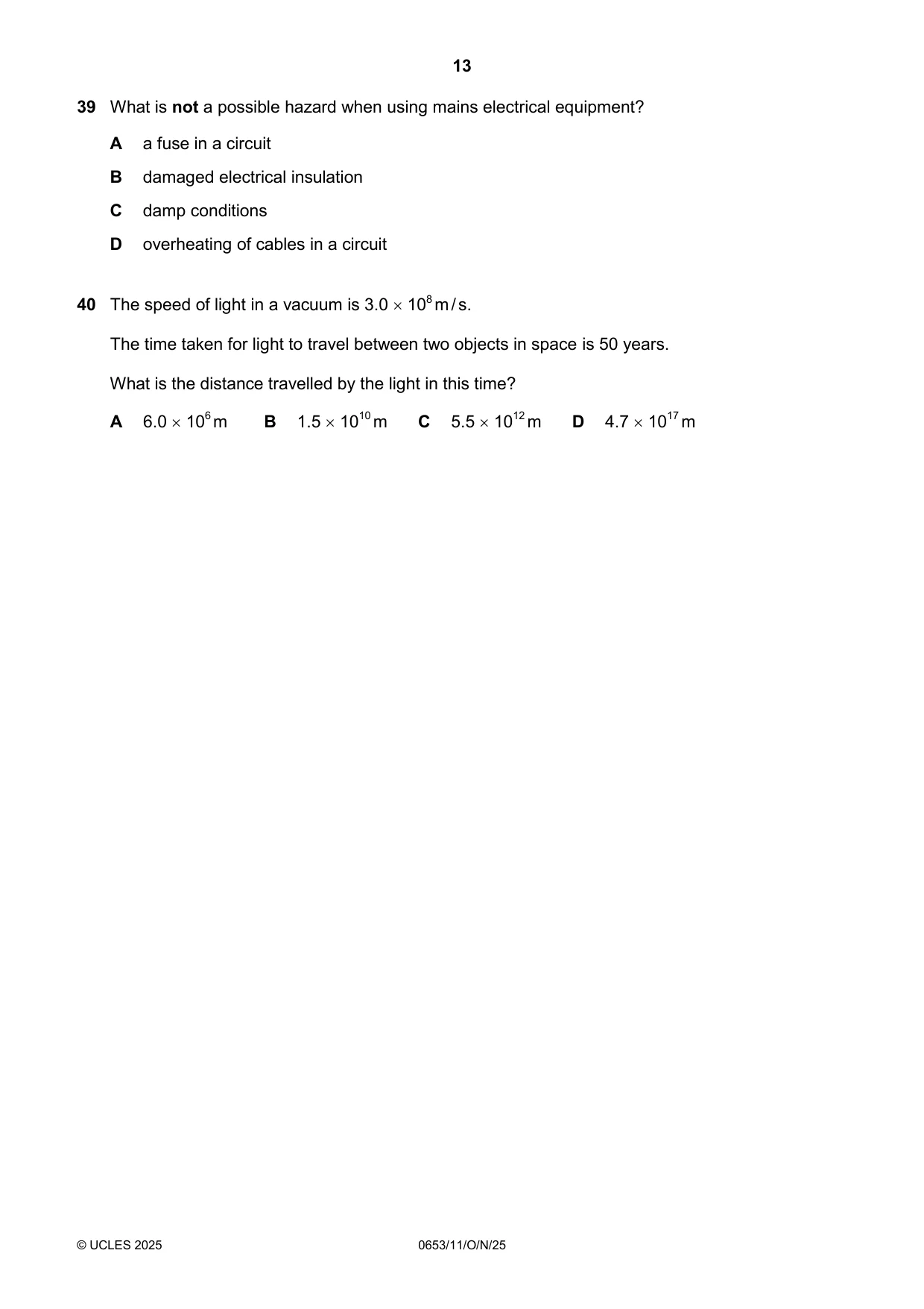 Cambridge IGCSE Science - Combined 0653 2025 Oct/Nov Paper 1 · Variant 1 question paper, page 13 of 16