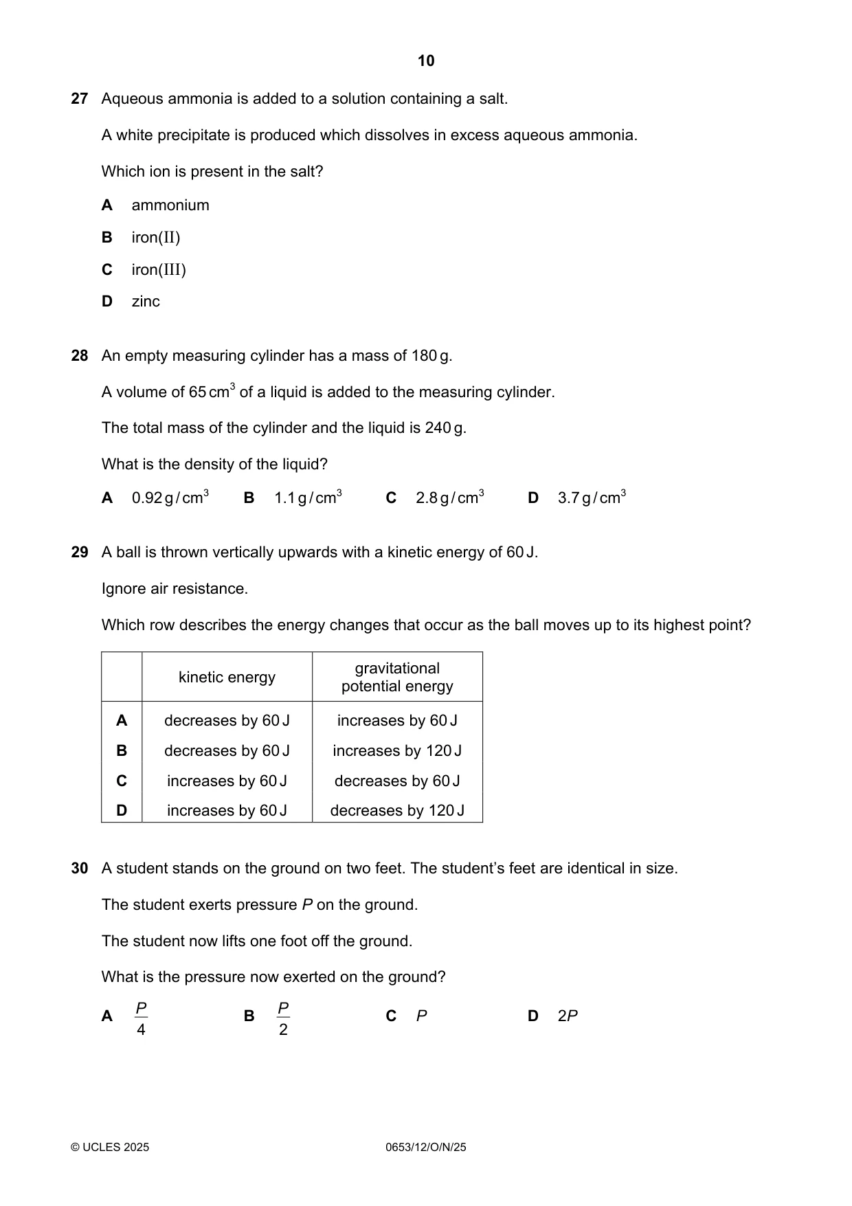 Cambridge IGCSE Science - Combined 0653 2025 Oct/Nov Paper 1 · Variant 2 question paper, page 10 of 16