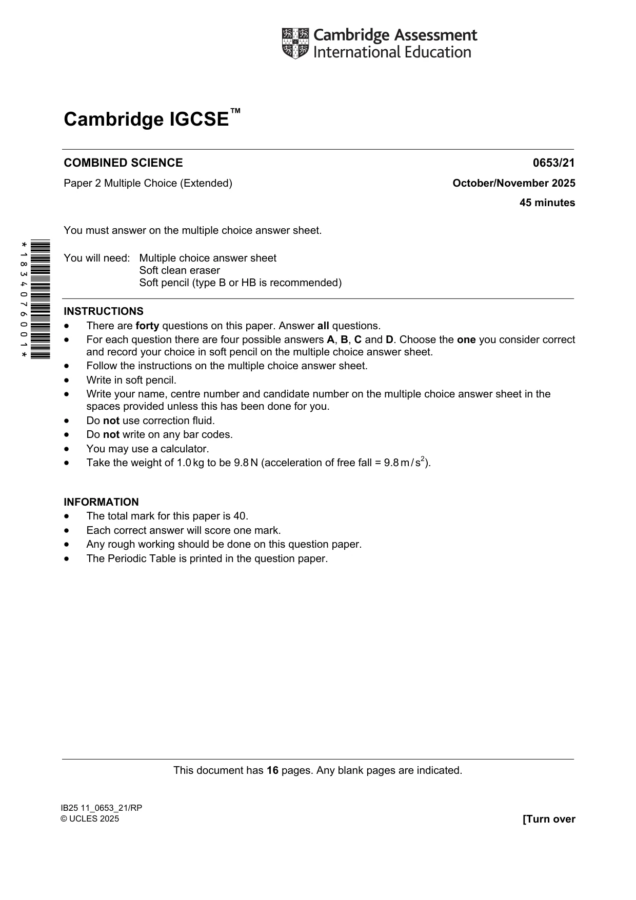 Cambridge IGCSE Science - Combined 0653 2025 Oct/Nov Paper 2 · Variant 1 question paper, page 1 of 16