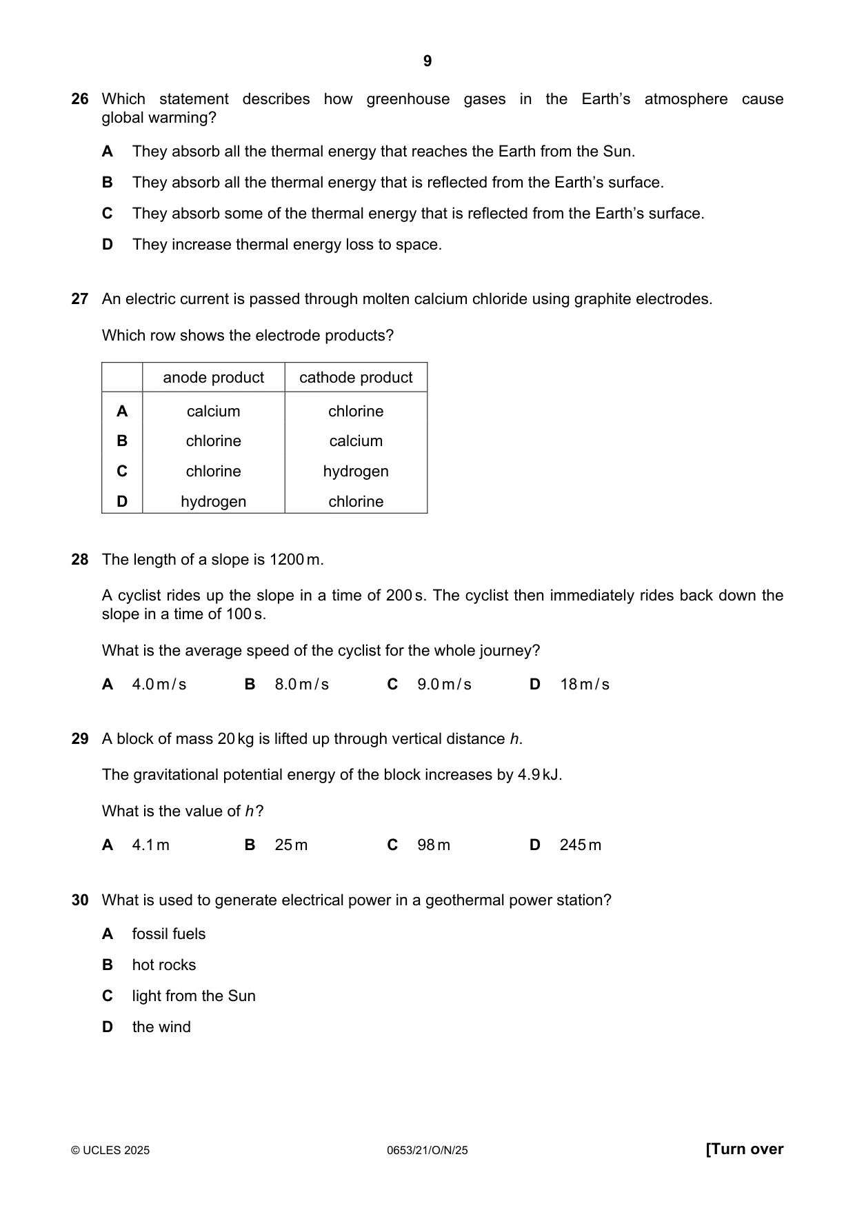 Cambridge IGCSE Science - Combined 0653 2025 Oct/Nov Paper 2 · Variant 1 question paper, page 9 of 16