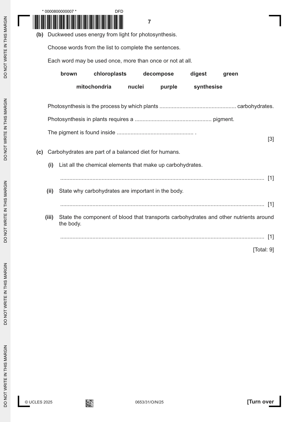 Cambridge IGCSE Science - Combined 0653 2025 Oct/Nov Paper 3 · Variant 1 question paper, page 7 of 20