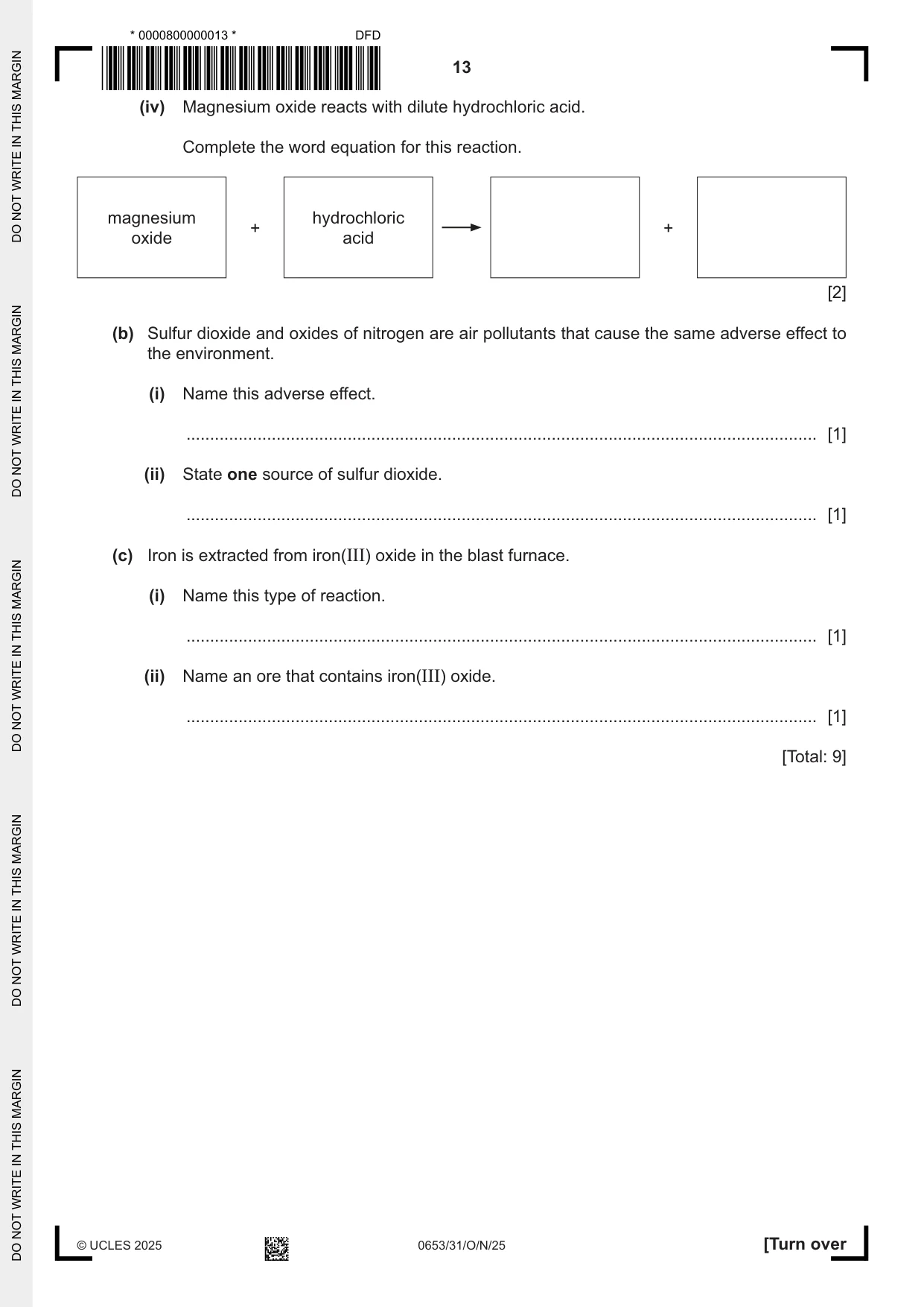 Cambridge IGCSE Science - Combined 0653 2025 Oct/Nov Paper 3 · Variant 1 question paper, page 13 of 20