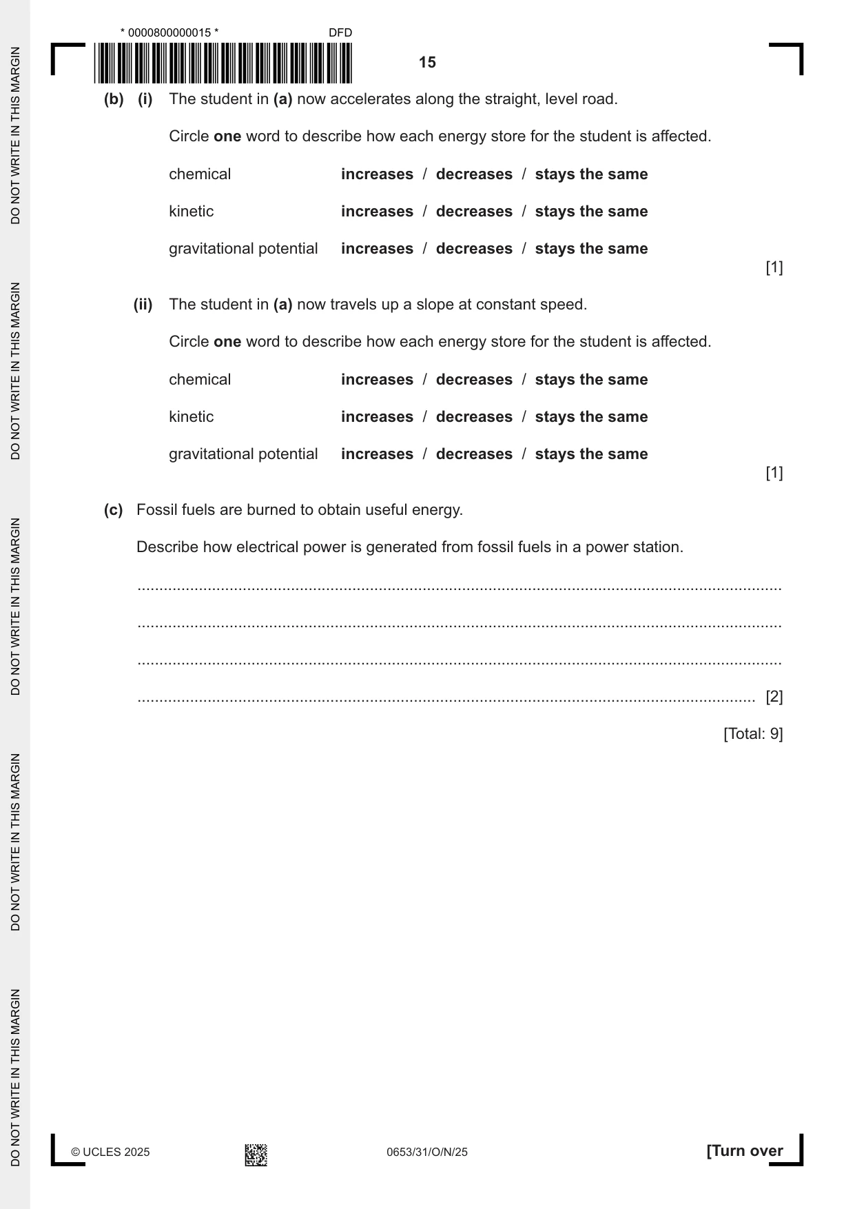 Cambridge IGCSE Science - Combined 0653 2025 Oct/Nov Paper 3 · Variant 1 question paper, page 15 of 20