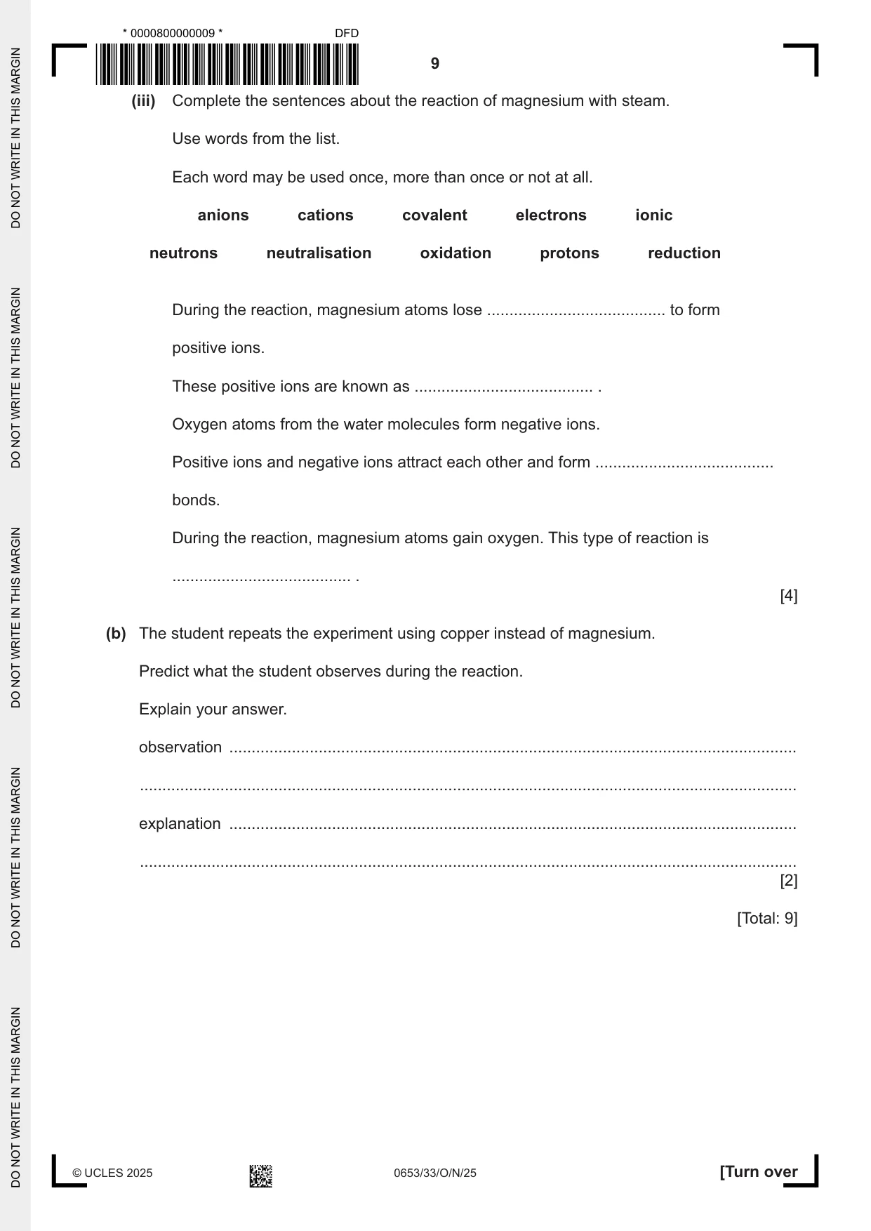 Cambridge IGCSE Science - Combined 0653 2025 Oct/Nov Paper 3 · Variant 3 question paper, page 9 of 20