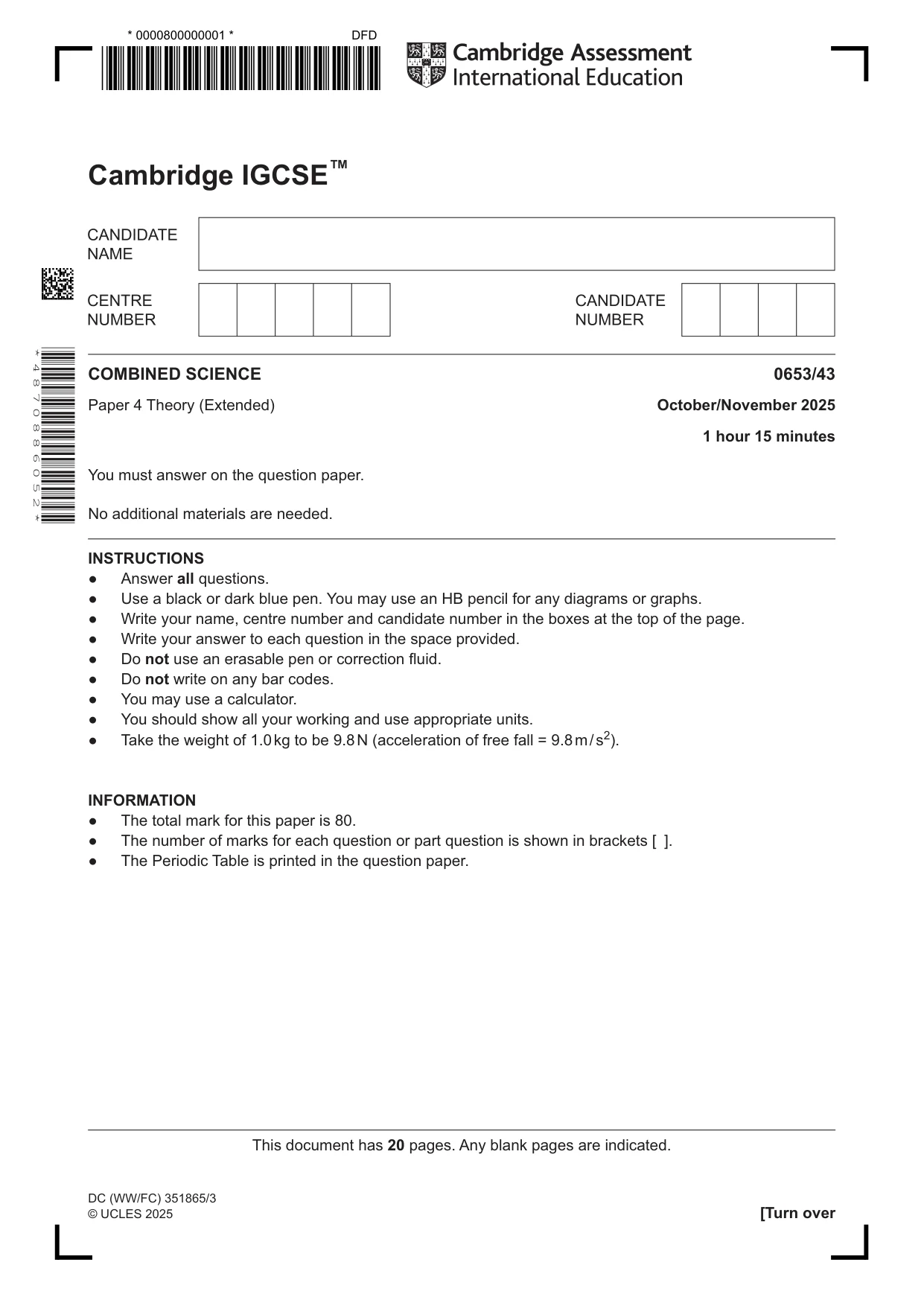 Cambridge IGCSE Science - Combined 0653 2025 Oct/Nov Paper 4 · Variant 3 question paper, page 1 of 20