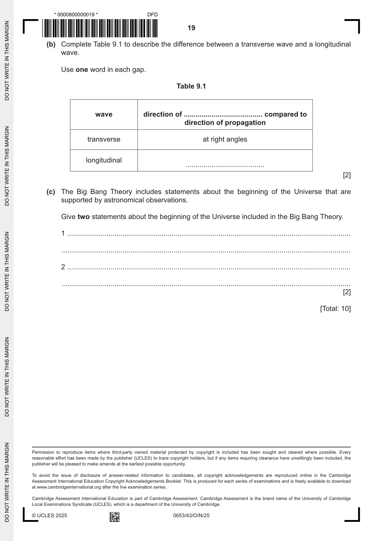 Cambridge IGCSE Science - Combined 0653 2025 Oct/Nov Paper 4 · Variant 3 question paper, page 19 of 20