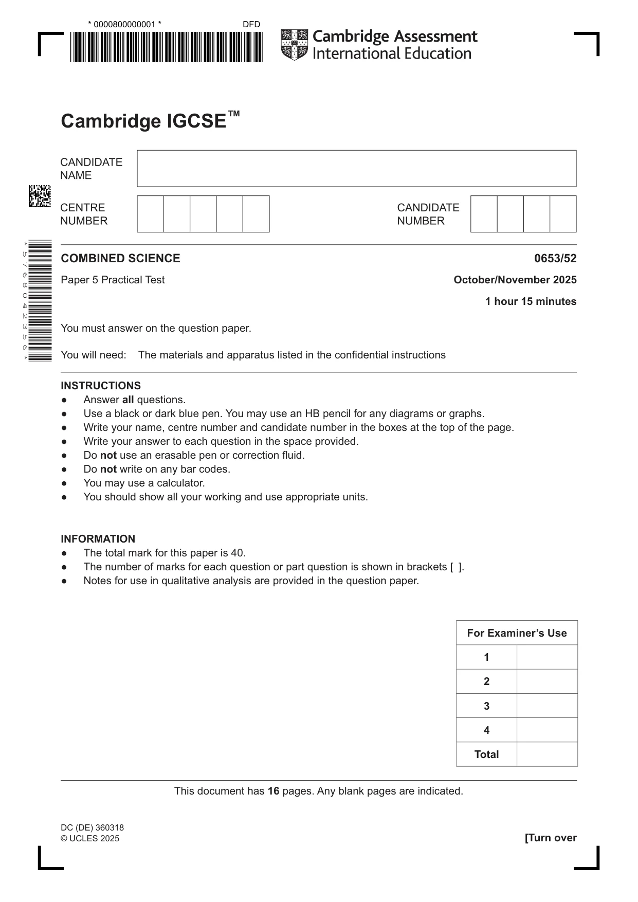 Cambridge IGCSE Science - Combined 0653 2025 Oct/Nov Paper 5 · Variant 2 question paper, page 1 of 16