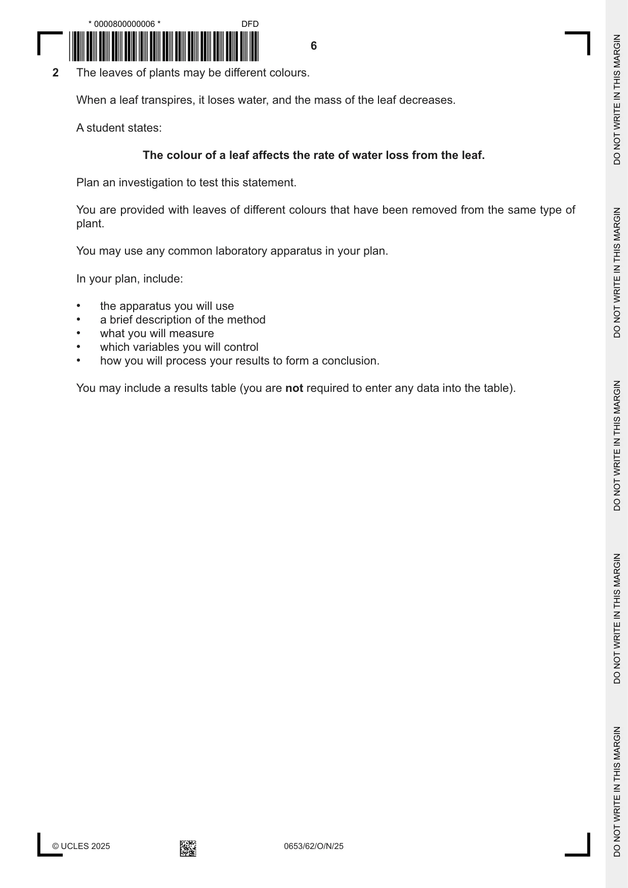 Cambridge IGCSE Science - Combined 0653 2025 Oct/Nov Paper 6 · Variant 2 question paper, page 6 of 16