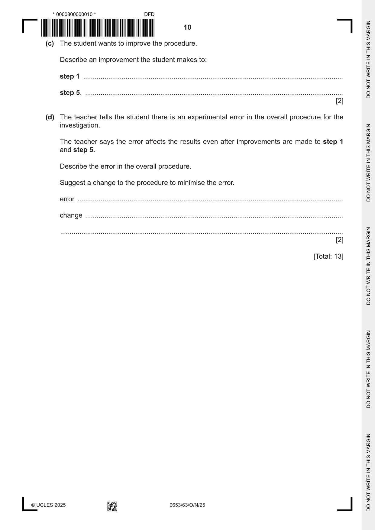 Cambridge IGCSE Science - Combined 0653 2025 Oct/Nov Paper 6 · Variant 3 question paper, page 10 of 20