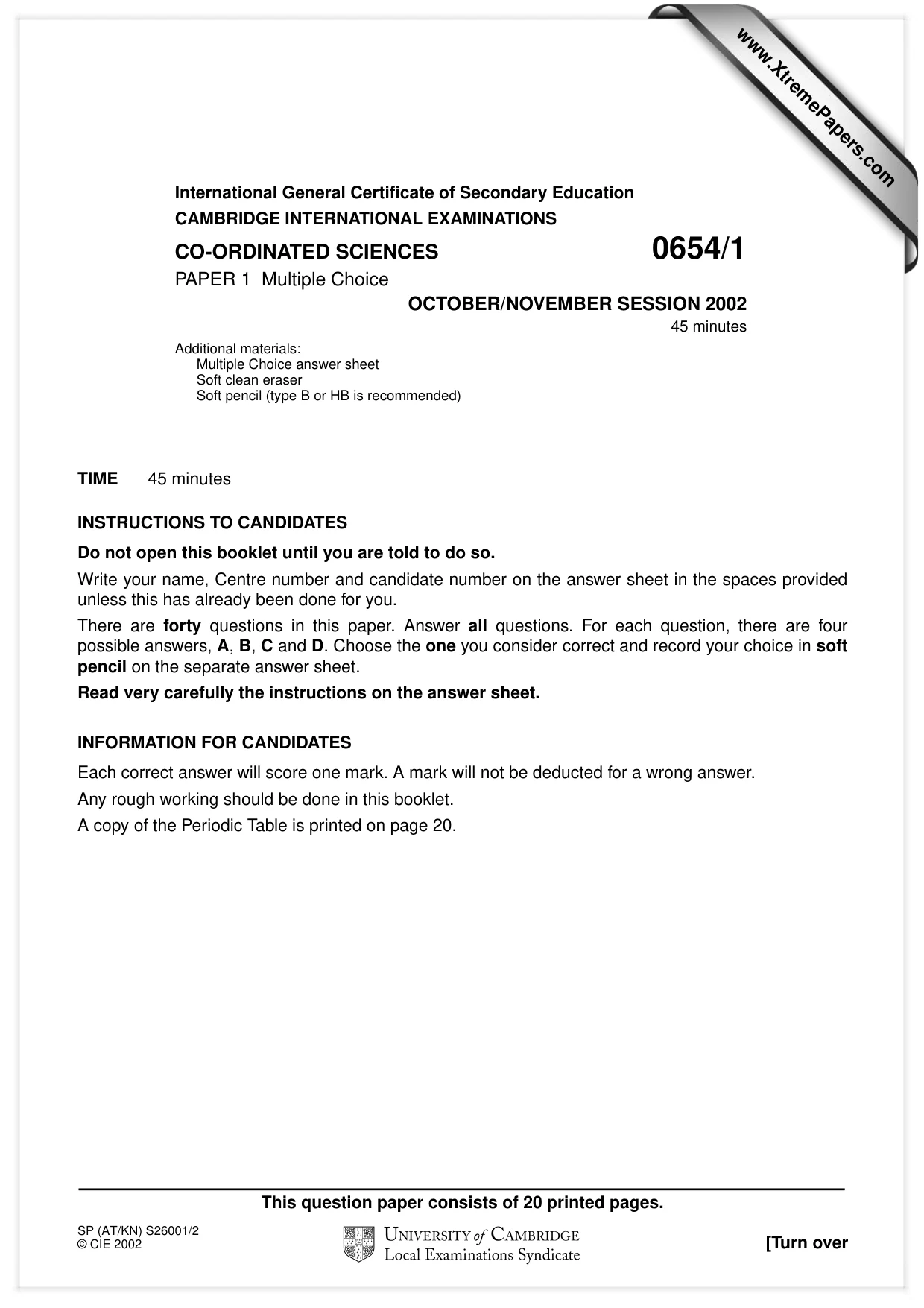 Cambridge IGCSE Sciences - Co-ordinated (Double) 0654 2002 Oct/Nov Paper 1 · Variant 1 question paper, page 1 of 20