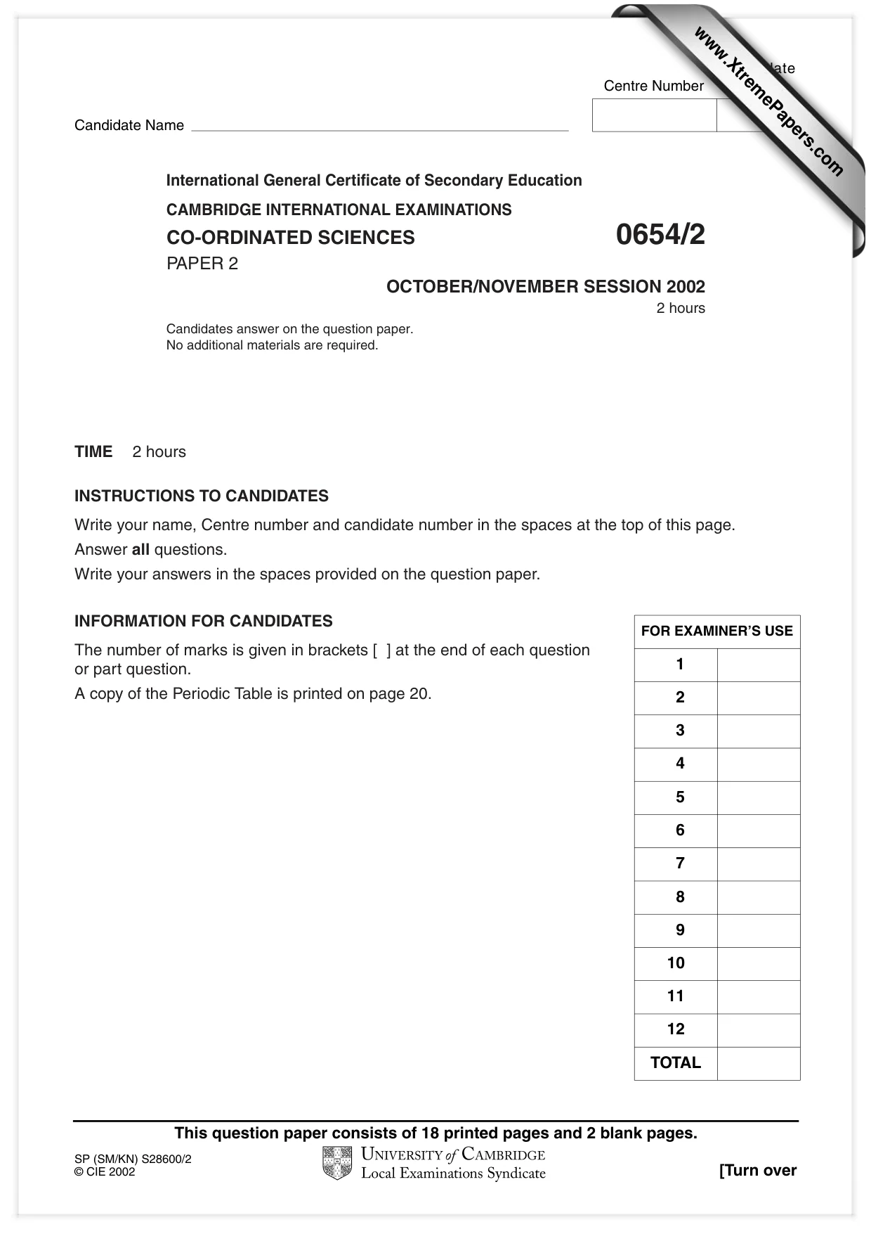 Cambridge IGCSE Sciences - Co-ordinated (Double) 0654 2002 Oct/Nov Paper 2 · Variant 1 question paper, page 1 of 20