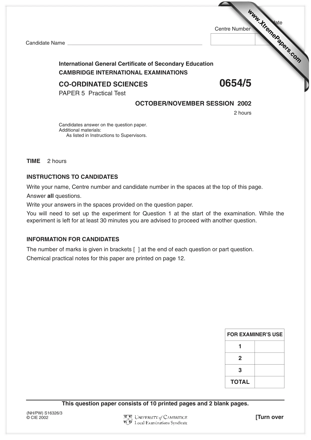 Cambridge IGCSE Sciences - Co-ordinated (Double) 0654 2002 Oct/Nov Paper 5 · Variant 1 question paper, page 1 of 12