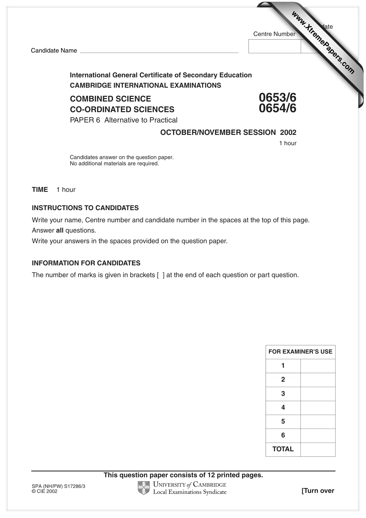 Cambridge IGCSE Sciences - Co-ordinated (Double) 0654 2002 Oct/Nov Paper 6 · Variant 1 question paper, page 1 of 12